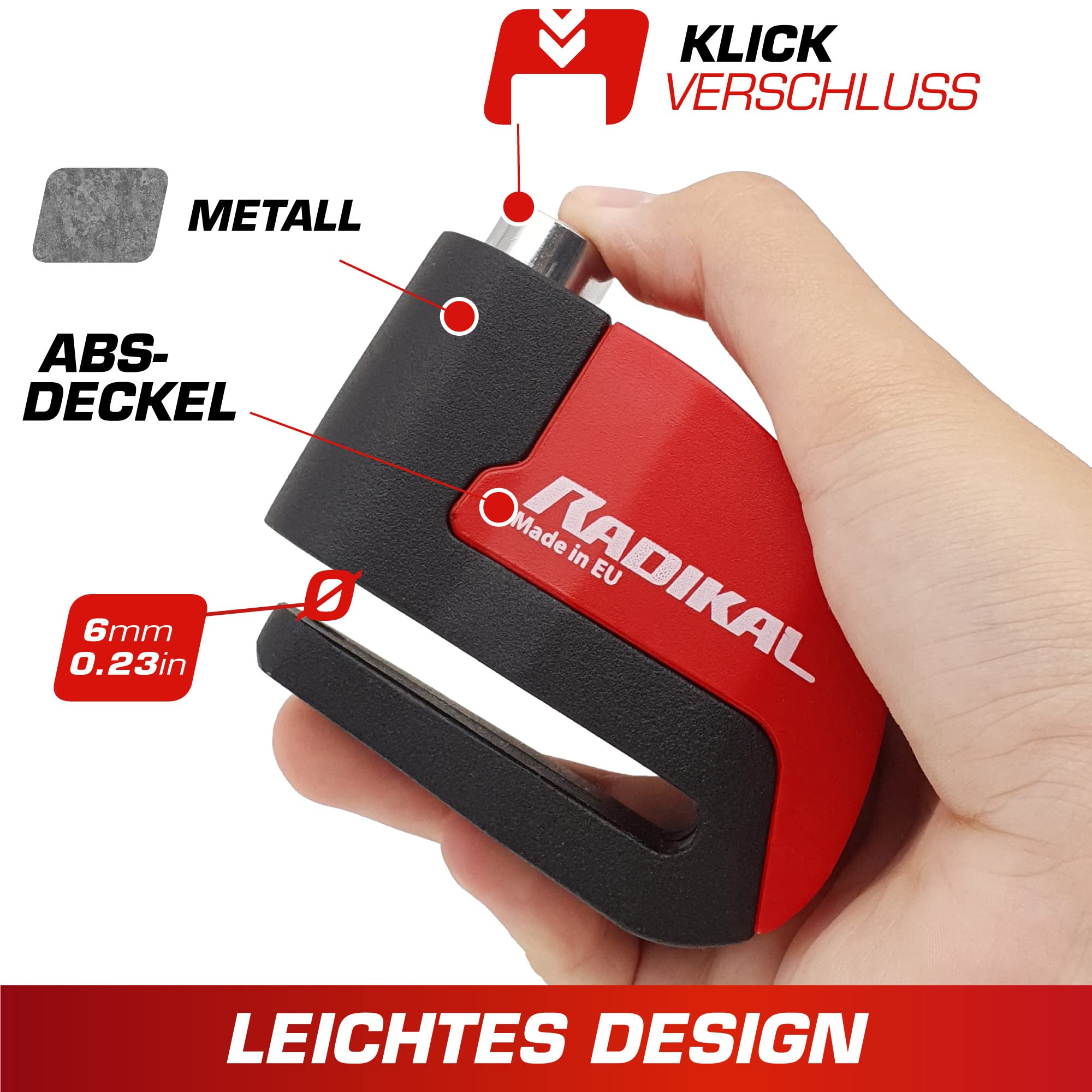 RADIKAL RK6 Bremsscheibenschloss mit Alarm 120db + Warnung, ø6, Rot, 6 mm