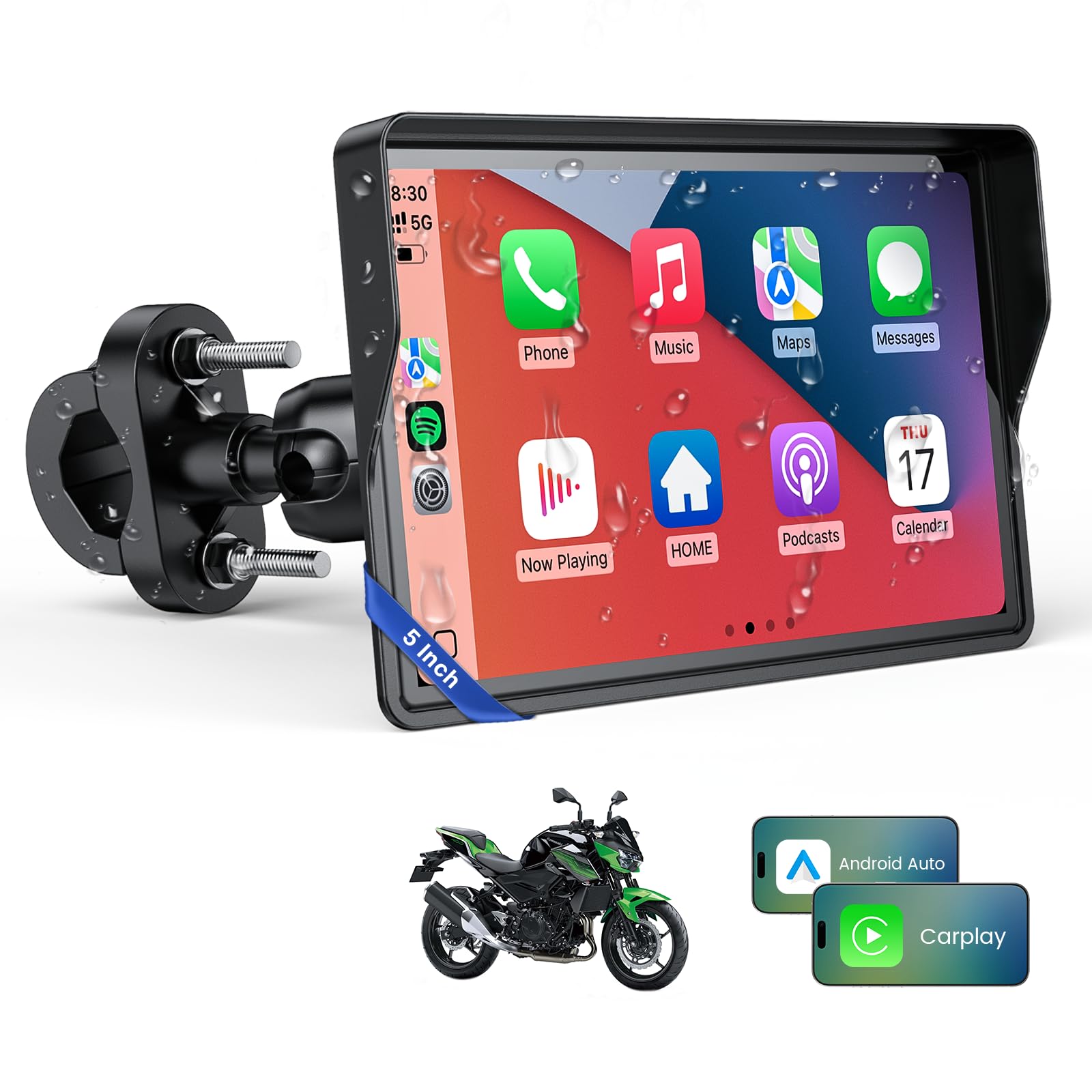 WonVon Sistema di navigazione GPS Carplay per moto da 5 pollici con Apple Carplay e schermo portatile automatico Android con Dual Bluetooth, navigazione, Siri, Google Assistant