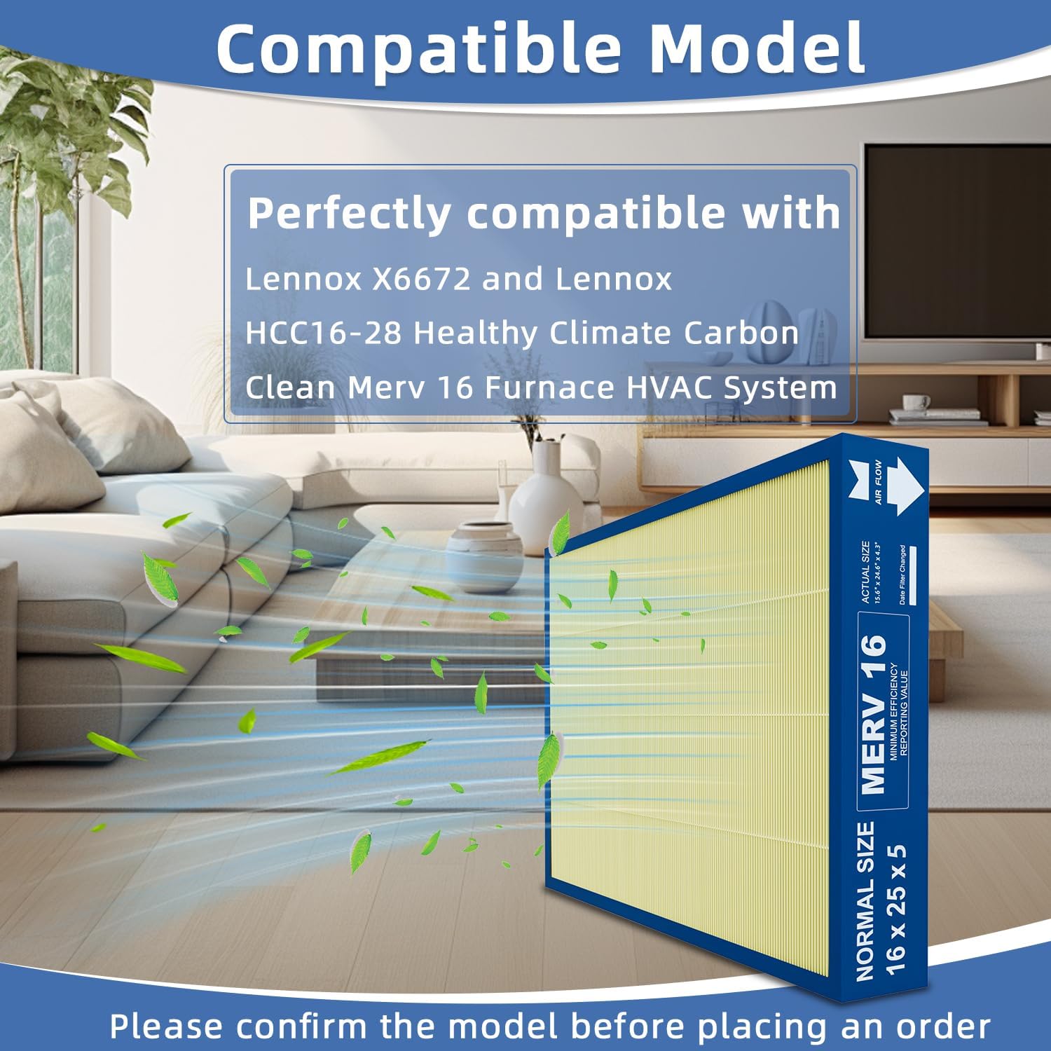 16x25x5 MERV 16 Pet Care Filter Replacement Compatible with Lennox X6672 and Lennox HCC16-28 Carbon Clean MERV 16 Home Furnace Filter for HVAC System, (actual size:15.6" x 24.6" x 4.3")