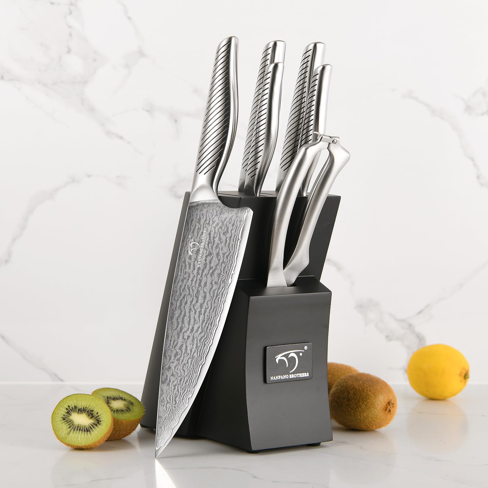 NANFANG BROTHERS Set de couteaux de chef 7 pièces avec bloc, poignée ergonomique, noir