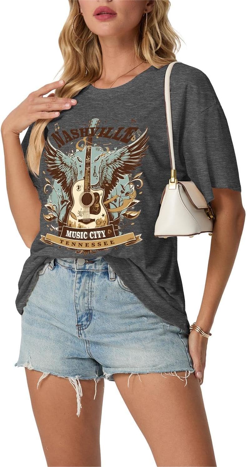Women's Nashville Country Music City Oversized Graphic T-Shirts Casual Band Tees Short Sleeve Rock Roll Tops - Image 4