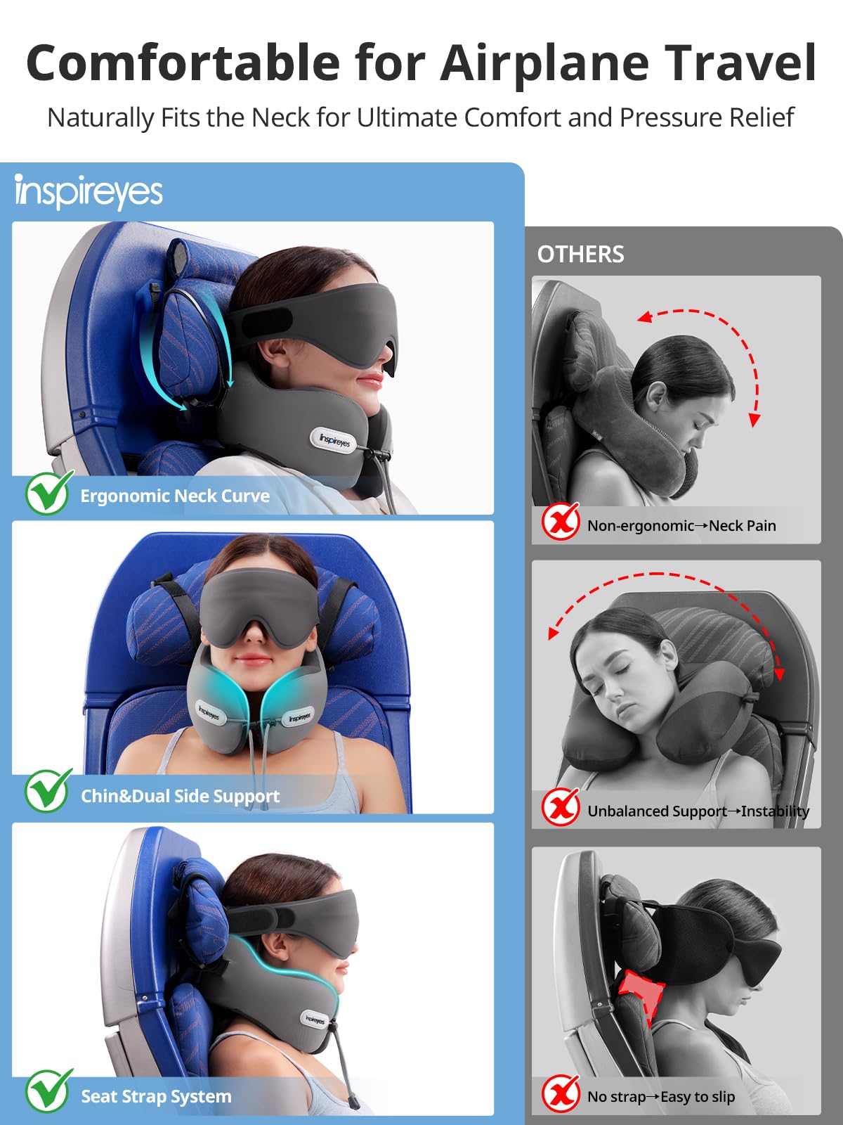 Inspireyes Almohada para el cuello, almohada de viaje con correa de asiento, máscara de dormir 3D, cabeza de cuello de doble apoyo, almohada de avión de espuma de alto apoyo para viajes largos por