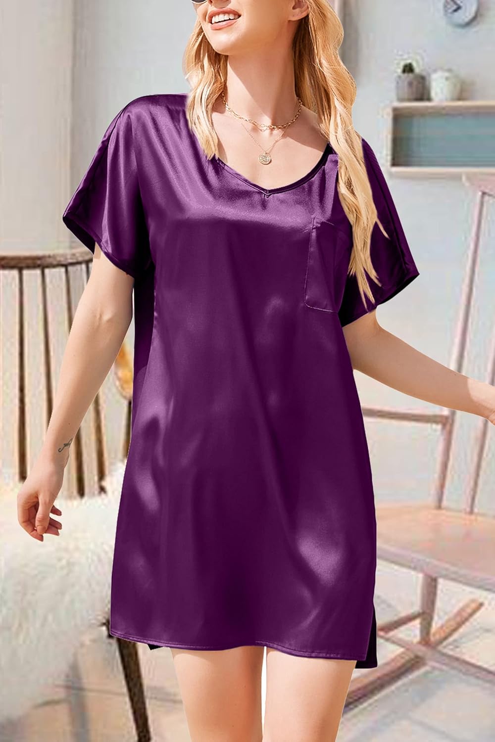 eshion Women Satin Nightgowns Short Sleeve Silk Sleepwear V Neck Boyfriend Casual Dresses with Chest Pocket S-XXL - Image 4