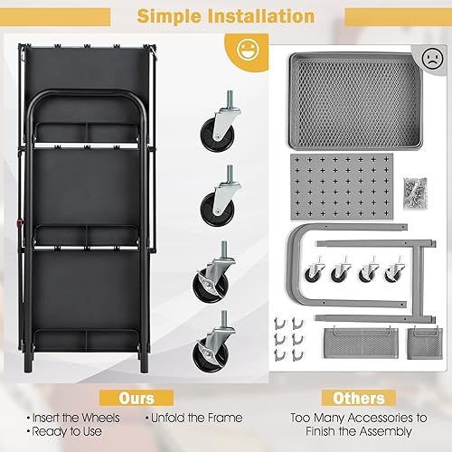 Miniatura 5 de Goplus Carrito plegable con ruedas, carrito de herramientas de 3 niveles con ruedas y compartimentos bloqueables, carrito de servicio de metal
