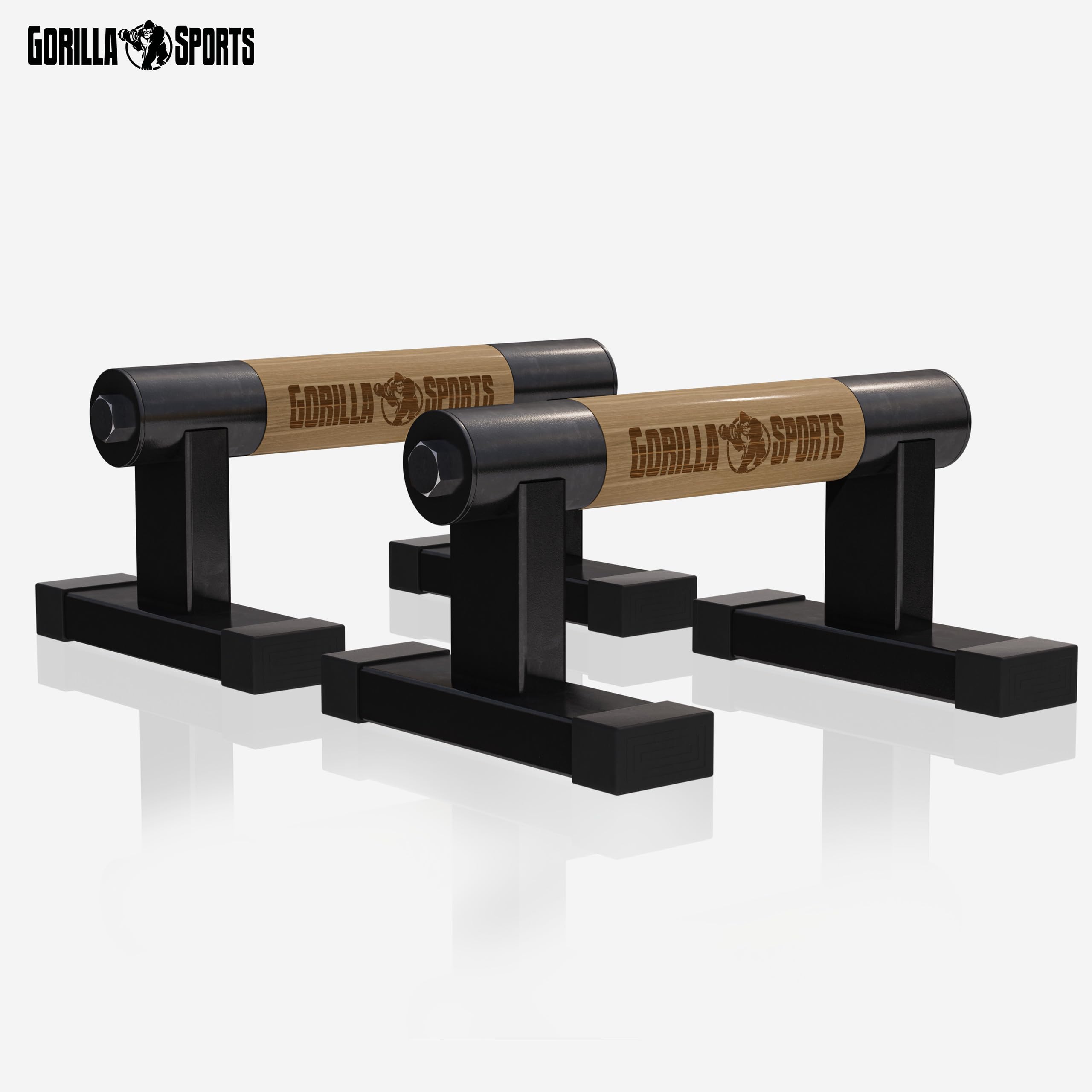 GORILLA SPORTS® Liegestützgriffe - 2er Set, aus Holz, Stahl, Rutschfest, bis 300kg, inkl. Tragetasche - Calisthenics Equipment, Parallettes, Handstand Griffe, Push Up Bars, Liegestütze Barren