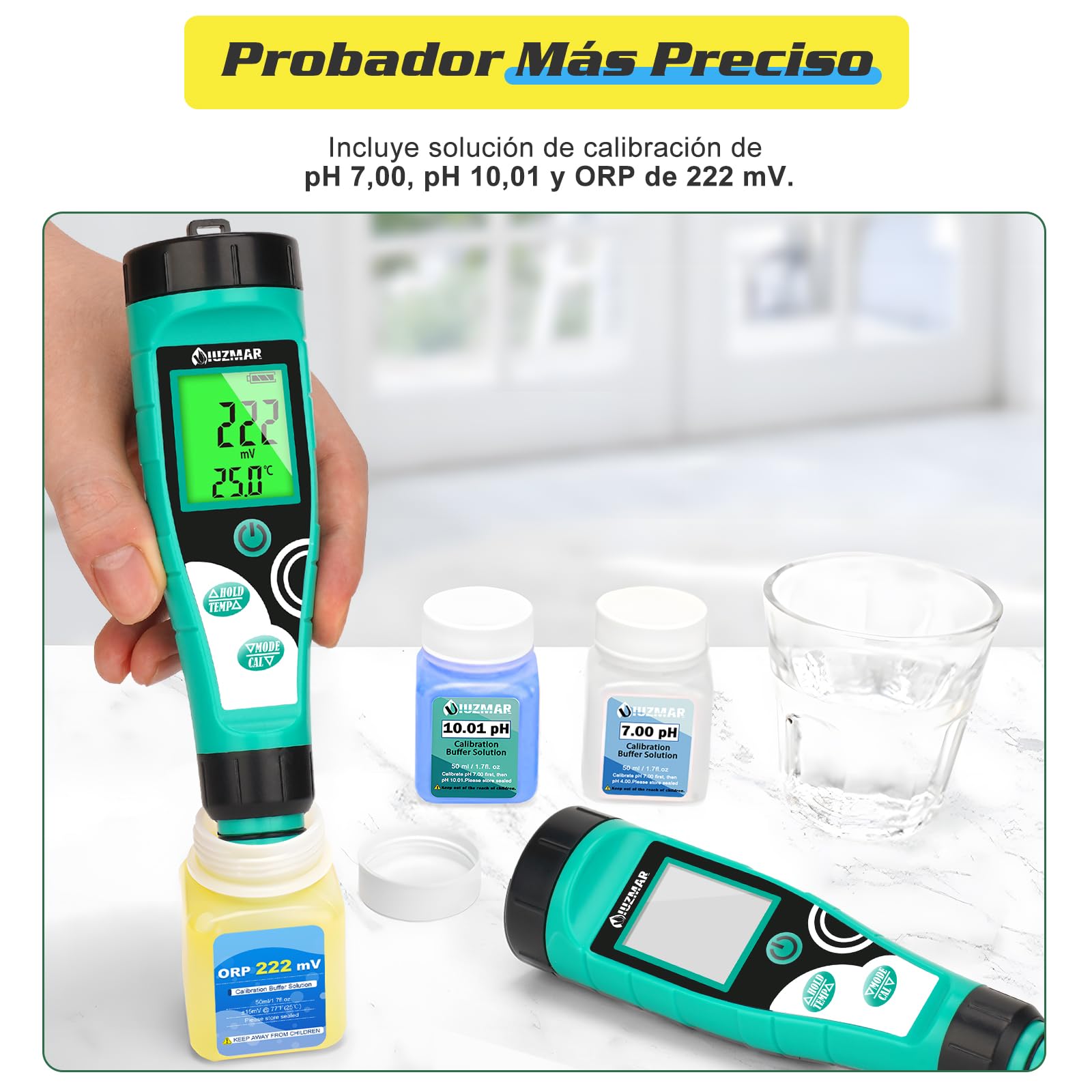 UIUZMAR Medidor de pH y Cloro para Piscinas, Digital Medidor de pH y Salinidad para Piscinas de Agua Salada, 7 en 1 FAC/pH/Sal/ORP/TDS/EC/Temp comprobador con Solución de Calibración para Spas