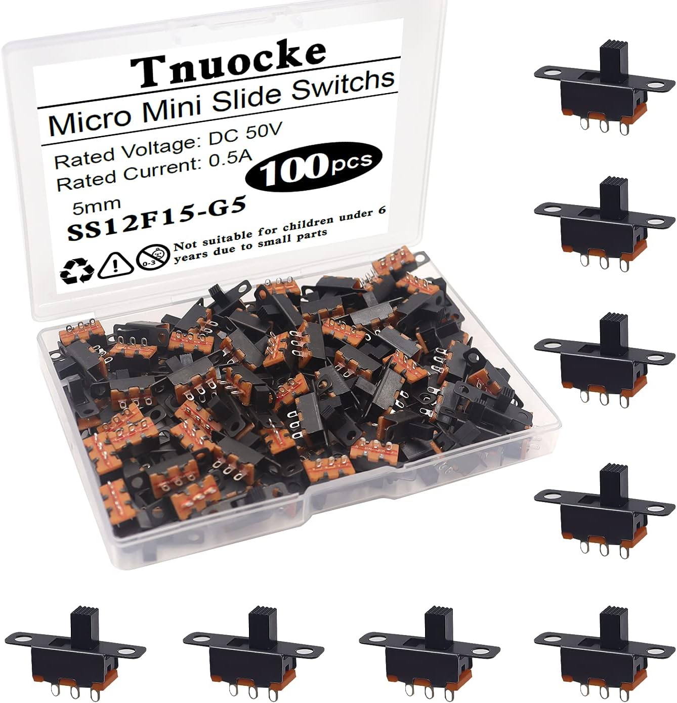 100PCS 5mm High Knob Vertical Micro Mini Slide Switchs,3 Pin 2 Position SPDT Latching Toggle Switches Panel Mount DC 50V 0.5A SS12F15-G5