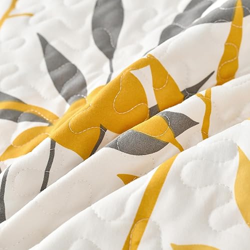 Miniatura 6 de DURLENGEN Juego de edredón amarillo tamaño individual, 2 piezas, rama gris con patrón de flores amarillas y hojas grises, juego de colcha ligera