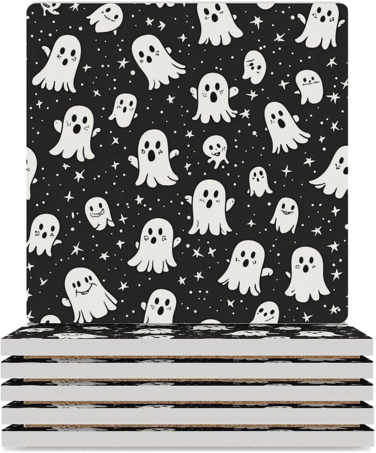 Cute Ghost Stars Pattern Funny Ceramic Coasters for Drinks Absorbent Cup Holder Tabletop Protector with Cork Base