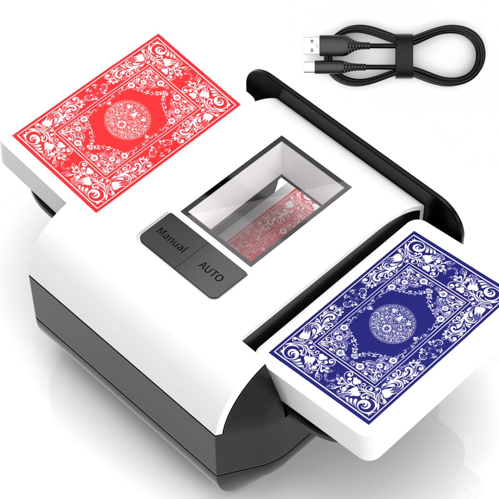 Kartenmischmaschine, Automatischer Kartenmischer für 1–2 Decks, Elektrische Mischmaschine Karten mit 2000mAh Wiederaufladbarer, Geräuscharm kartenmischgerät für UNO Skip Bo Kartenspiel Poker Phase10
