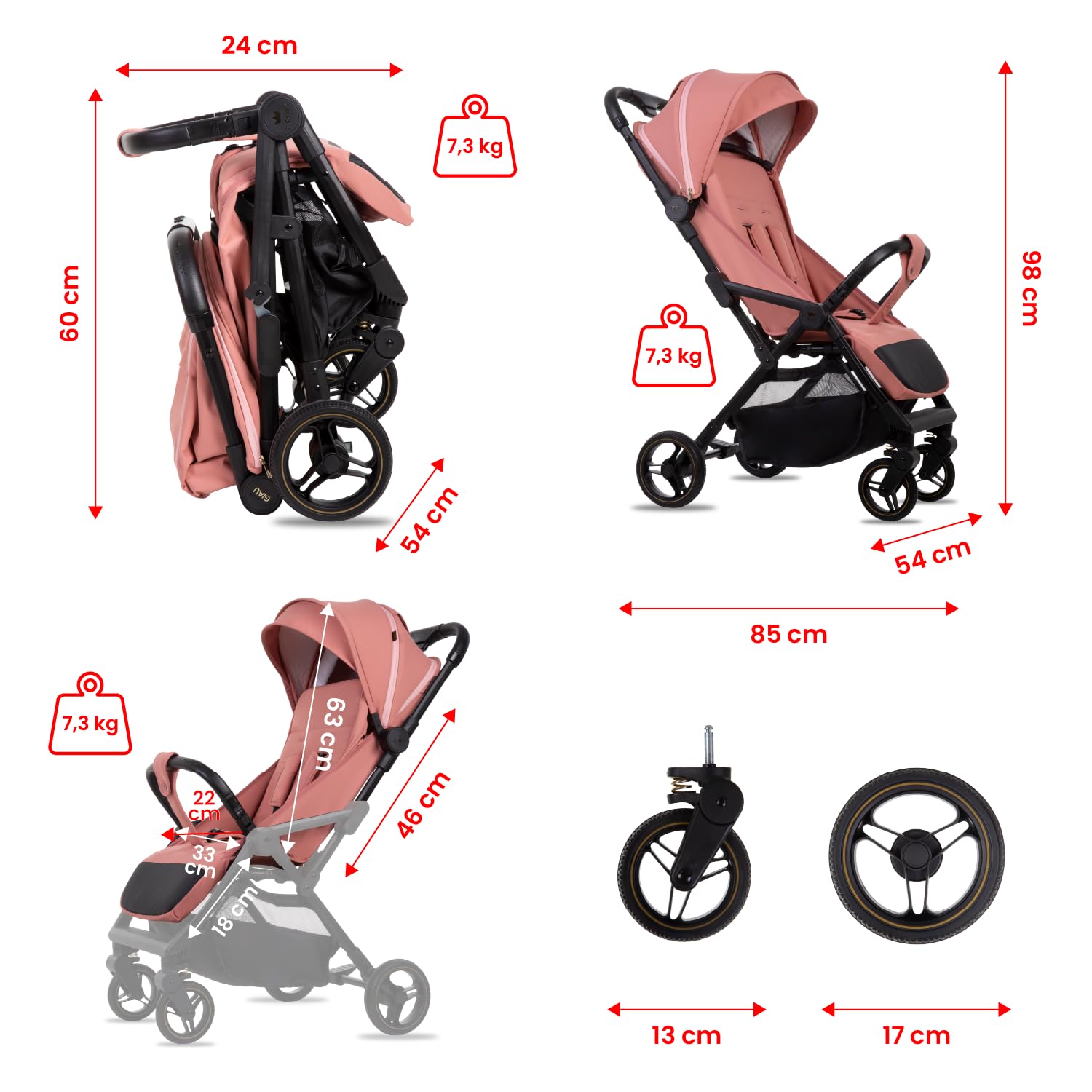 Babylux Passeggino Leggero da Viaggio GIAU con Funzione Reclinabile, Pink | Passeggino Pieghevole, Manubrio Telescopico, Ripiegabile In Modo Compatto, Borsa Per Pannolini E Viaggio E Altri Accessori