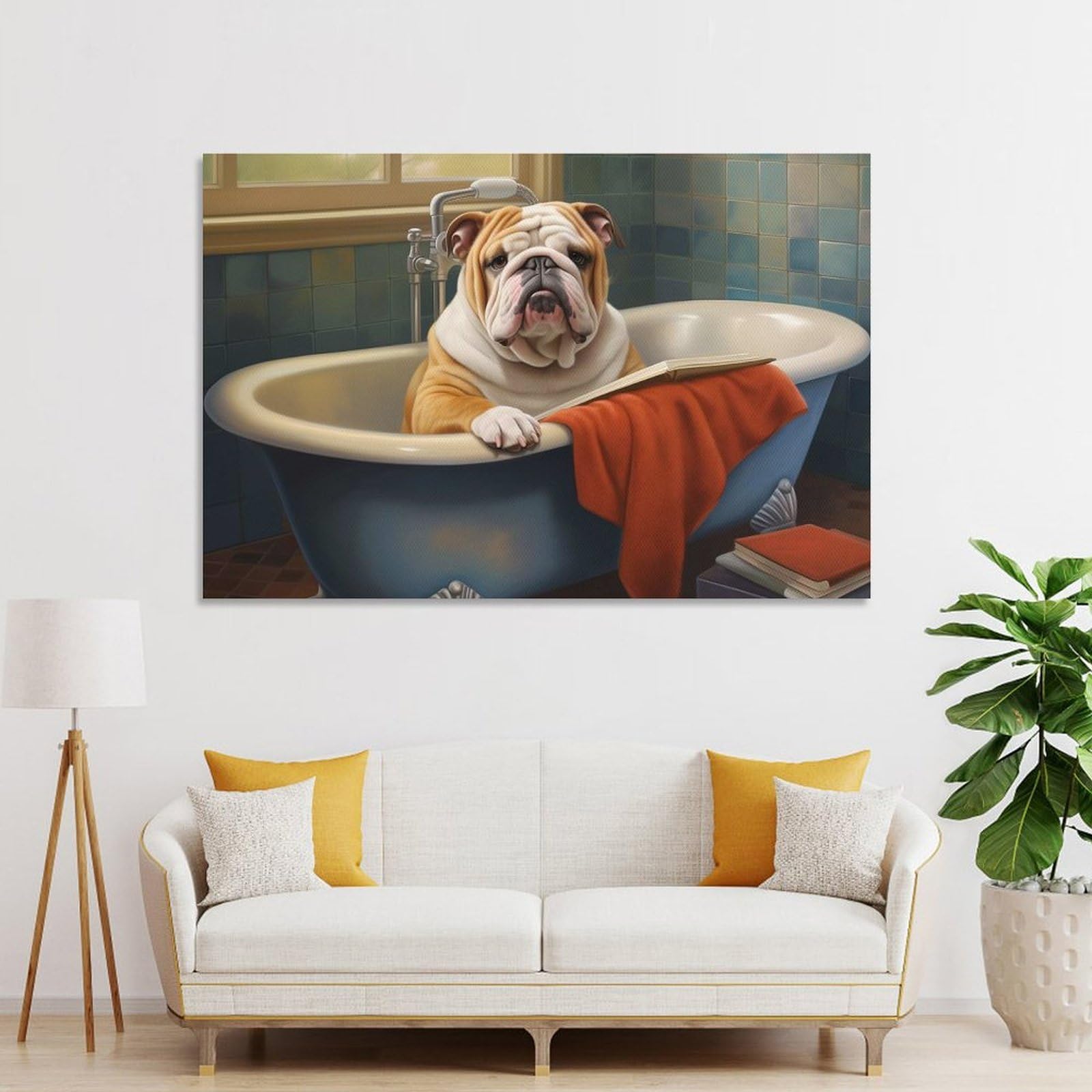 Junmoney Unframe-Style-19-1 Bulldog Loves Books Room Decor Wall Art, 24X36inch(60X90cm), For Living Room, Bedroom, Office Or Hallway, Decorative Artwork With Broad Appeal