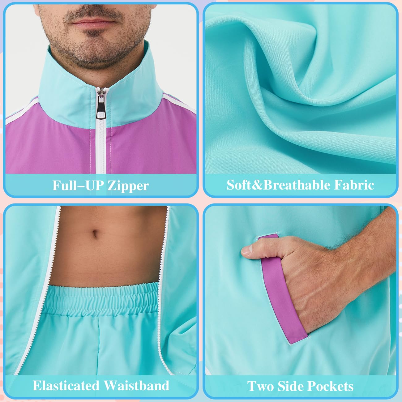 Disfraz de los años 80 y 90 para hombre, chándal y pantalones cortos para hombre, chaqueta retro de los años 80, 90, disfraz para fiesta