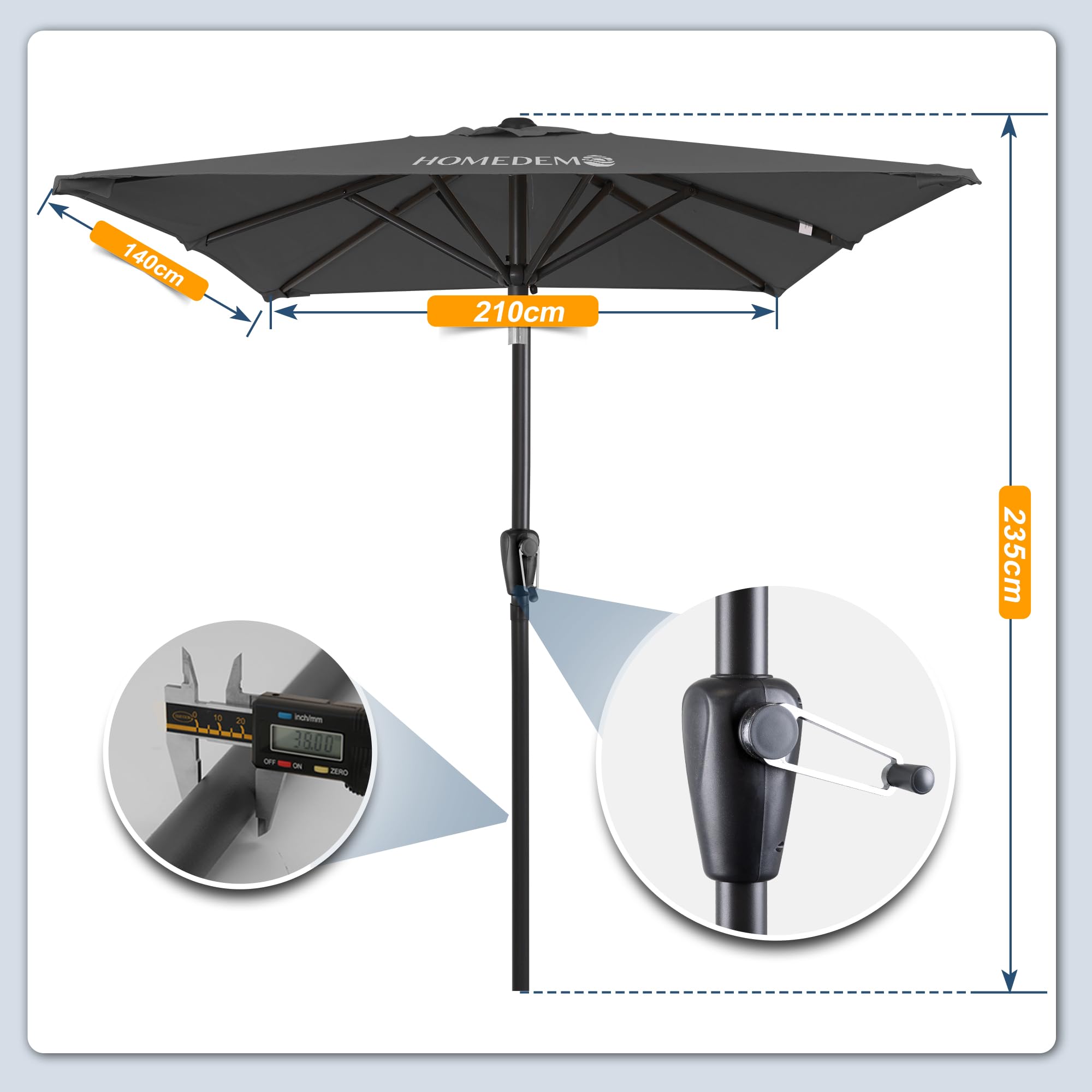HOMEDEMO Parasol de Jardin Exterieur Inclinable Rectangulaire, Protection UV50+, pour Terrasse, Balcon, Piscine, Patio, 210x140cm Gris Foncé