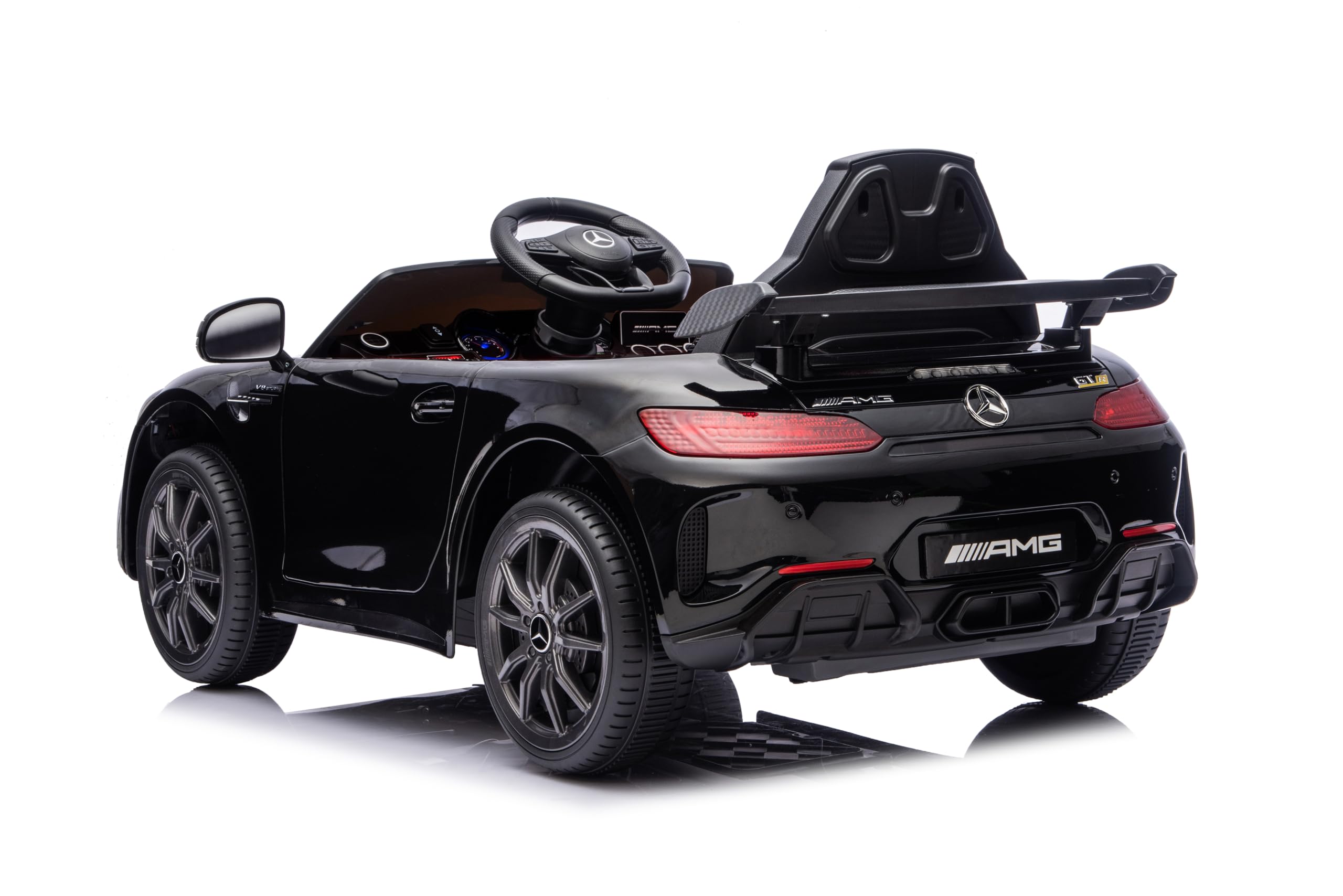 FINOOS Mercedes GTR AMG Elektroauto für Kinder, 12V, elektrische Kinder elektroauto mit Fernbedienung, 2 + 1 Geschwindigkeitsstufen, Hupe, LED, Musik, Bluetooth (Schwarz)