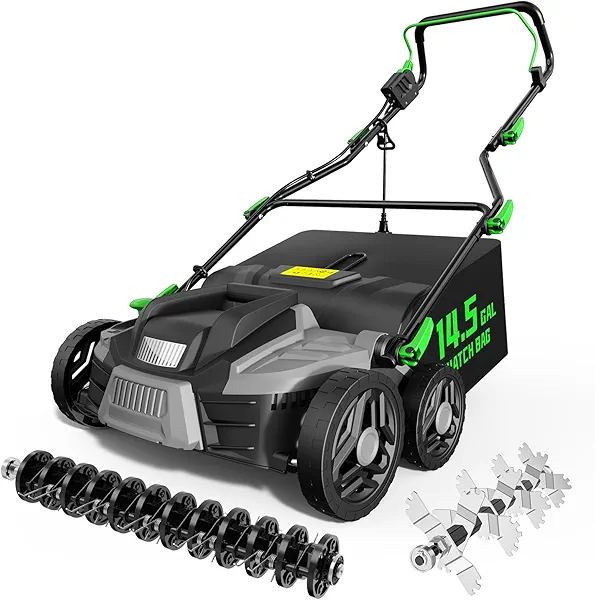 TIECTOWN 2025 Upgrade 16-Inch 15.5 Amp 2-in-1 Electric Dethatcher and Scarifier with 14.5-Gallon Collection Bag, Lawn Dethatcher with 5-Position Depth Adjustment, Keeps Lawn Healthy – Light Green