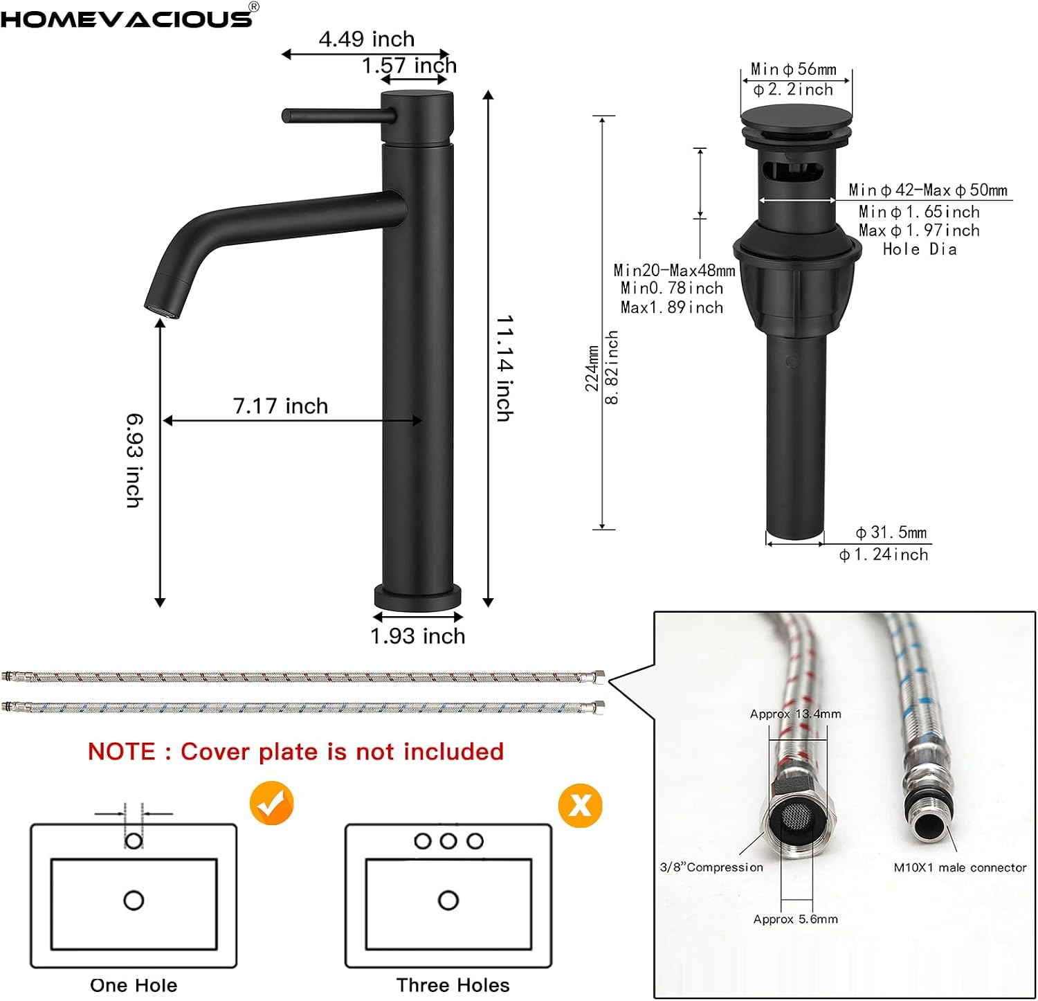 Homevacious Black Bathroom Vessel Sink Faucet,Single Handle Faucet,Single Hole Tall Bathroom Faucet Stainless Steel Lavatory Vanity Faucets Mixer Taps with Pop Up Drain & Water Supply Hoses