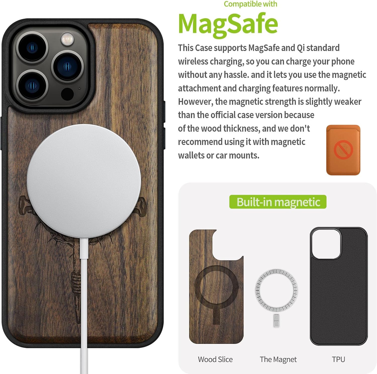 Carveit Magnetic Wood Case for iPhone 14 Pro Max [Natural Wood & Black Soft TPU] Shockproof Protective Cover Unique Wooden Case Compatible with magsafe (Crucifix Nails -Walnut)