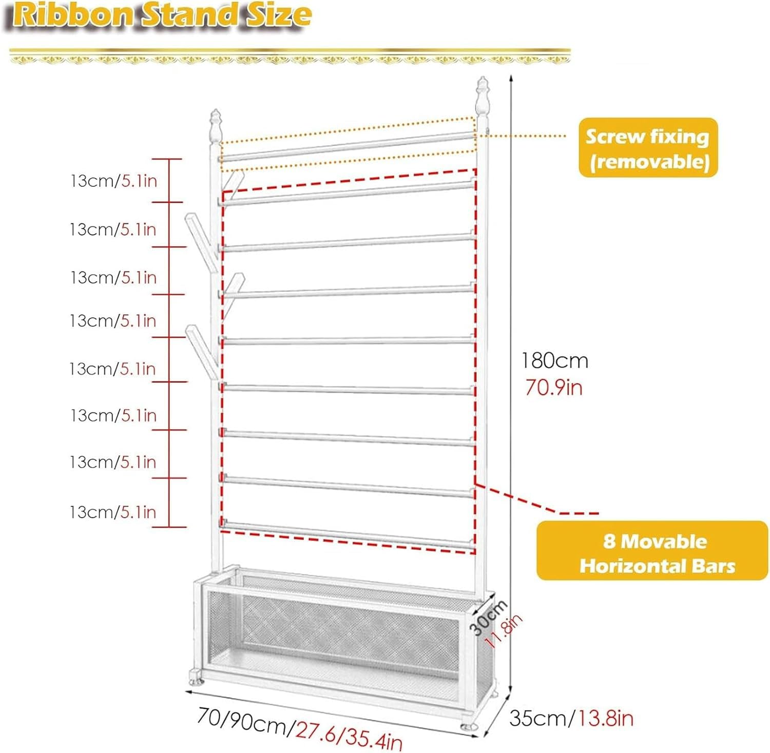 Large 9-Layer Ribbon Organizer Rack for Flower Shop, Necktie Storage Holder Thread Stand Scarf Display Shelf，Commercial Metal Floor Standing Display Rack, 70x35x180cm/27.6x13.8x70.9in, White