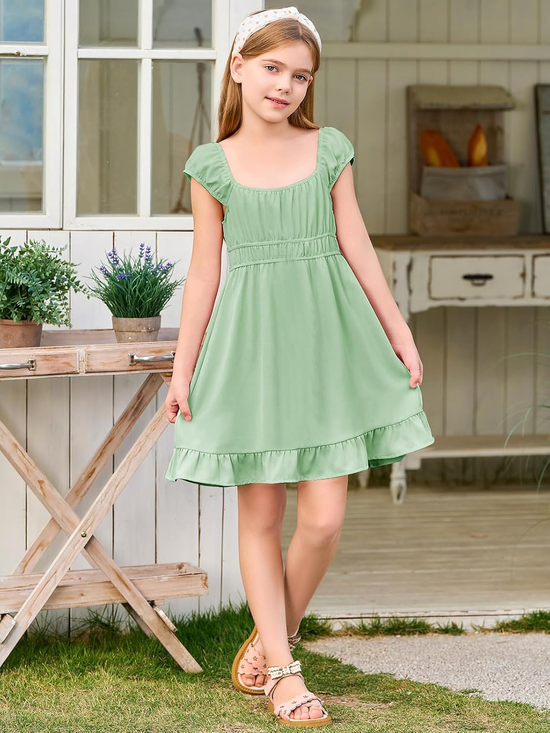Haloumoning Girls Summer Dresses Kids Cap Sleeve Square Neck Elastic Waist A-Line Flowy Dress 7-14 Years - Image 5