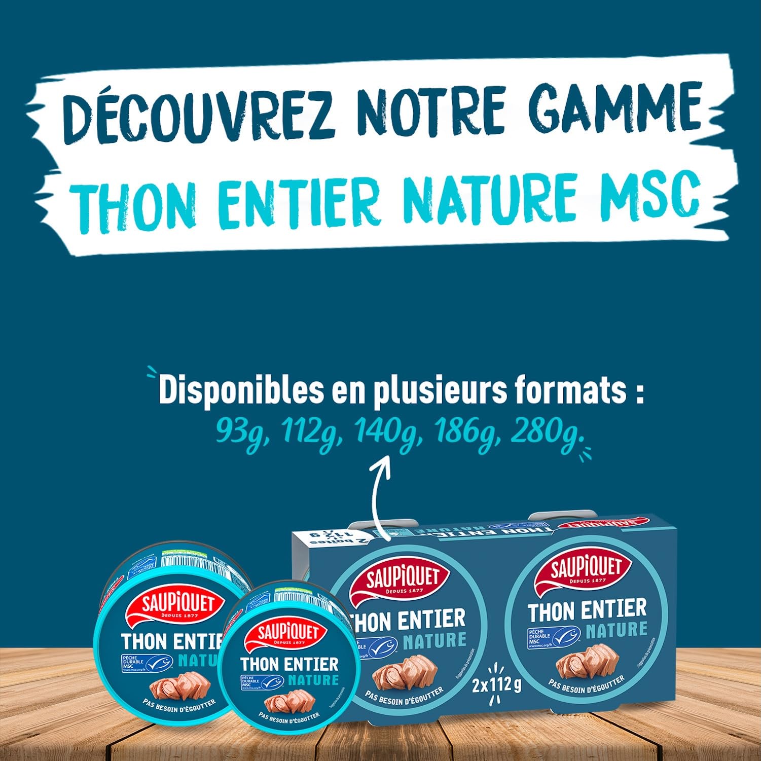 SAUPIQUET - Thon au Naturel - Thon Entier Nature - Moelleux & Savoureux - Issu d'une Pêche Durable Garantie MSC - 12 Conserves (112 g)