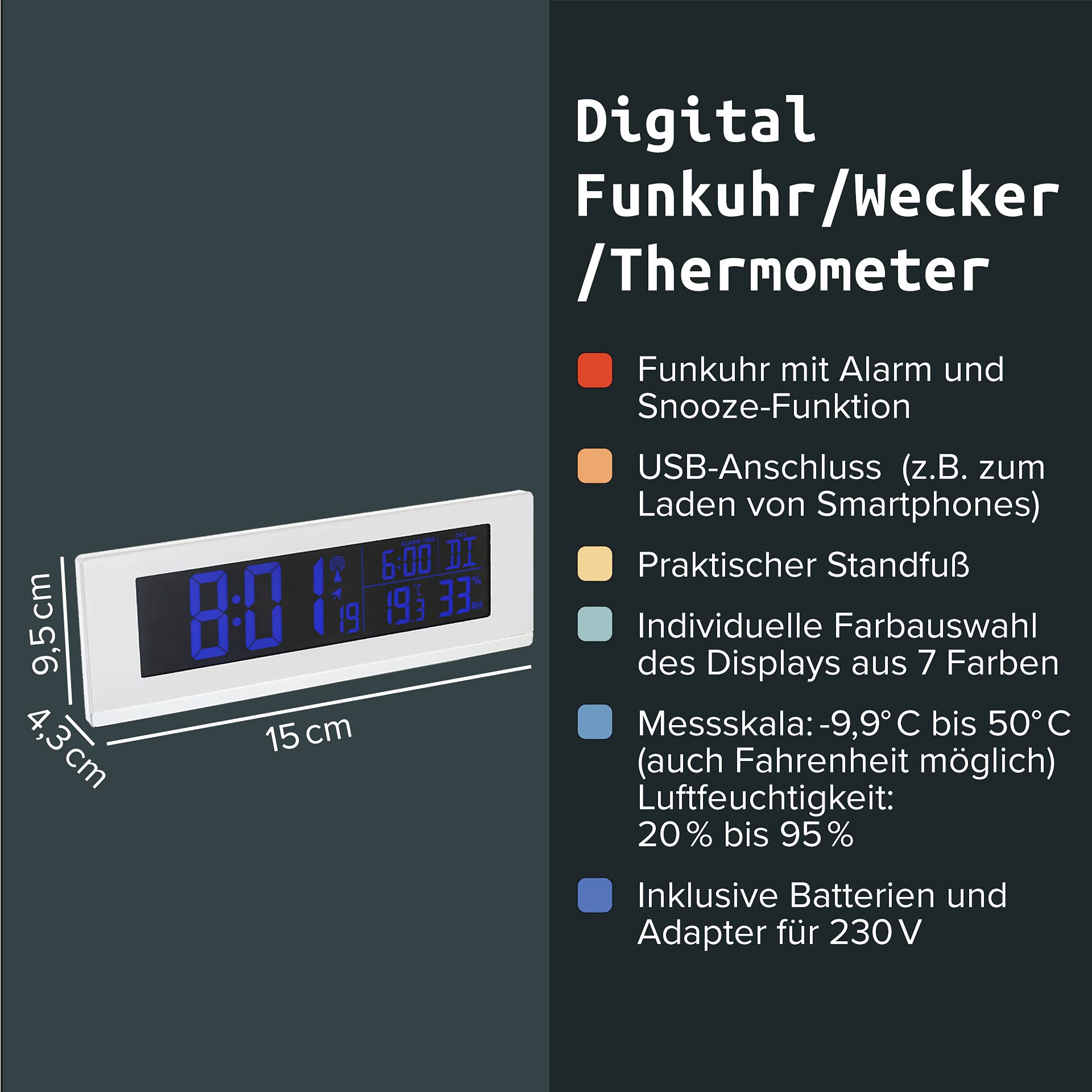 Fackelmann digitaler Wecker mit Thermometer und Hygrometer Funktion Tecno, Elegante Funkuhr mit farbigem Display & USB-Anschluss für das Handy