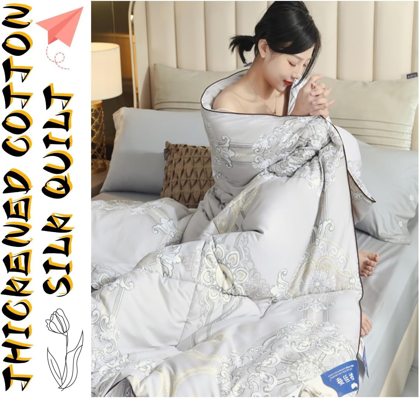 Pure Mulberry Silk Comforter Queen Size, Winter 100% Mulberry Silk Filling Duvet, Luxury Bedding Quilted Quilt Noiseless Cotton Fabric Blanket(H,150 * 200cm/2kg)
