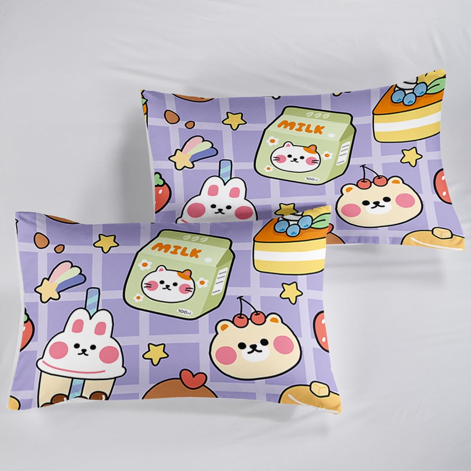 QOOMO Kawaii Bear Sheet Set,Kawaii Kids Bed Sheets,Cute Bear 16" Deep Pocket Bed Sheet Set for Boys/Girls/Kids/Teens，4 Piece Sheet Set, 1 Fitted Sheet,1 Flat Sheet and 2 Pillowcases，Twin Size
