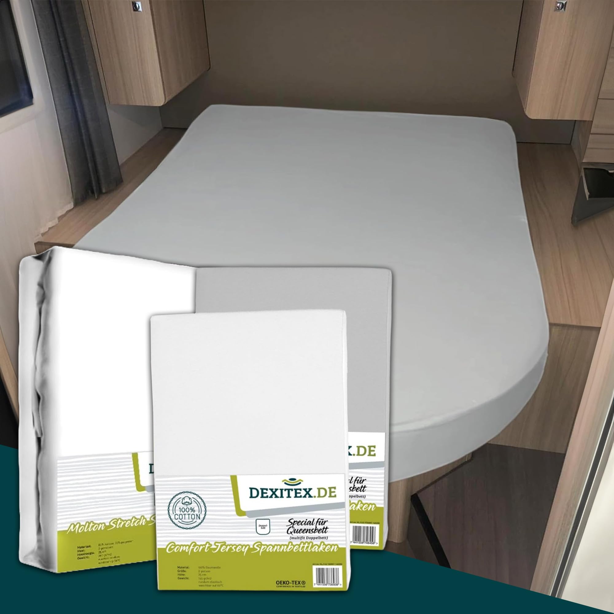 Bettlaken Wohnwagen Queensbett - 3er Set - 1 Molton, 2 Spannbettlaken -1 Grau + 1 Weiß - Bettlaken aus Baumwolle -Oeko-TEX - Multi-Stretch-Spannbettlaken für Wohnmobil und Wohnwagen