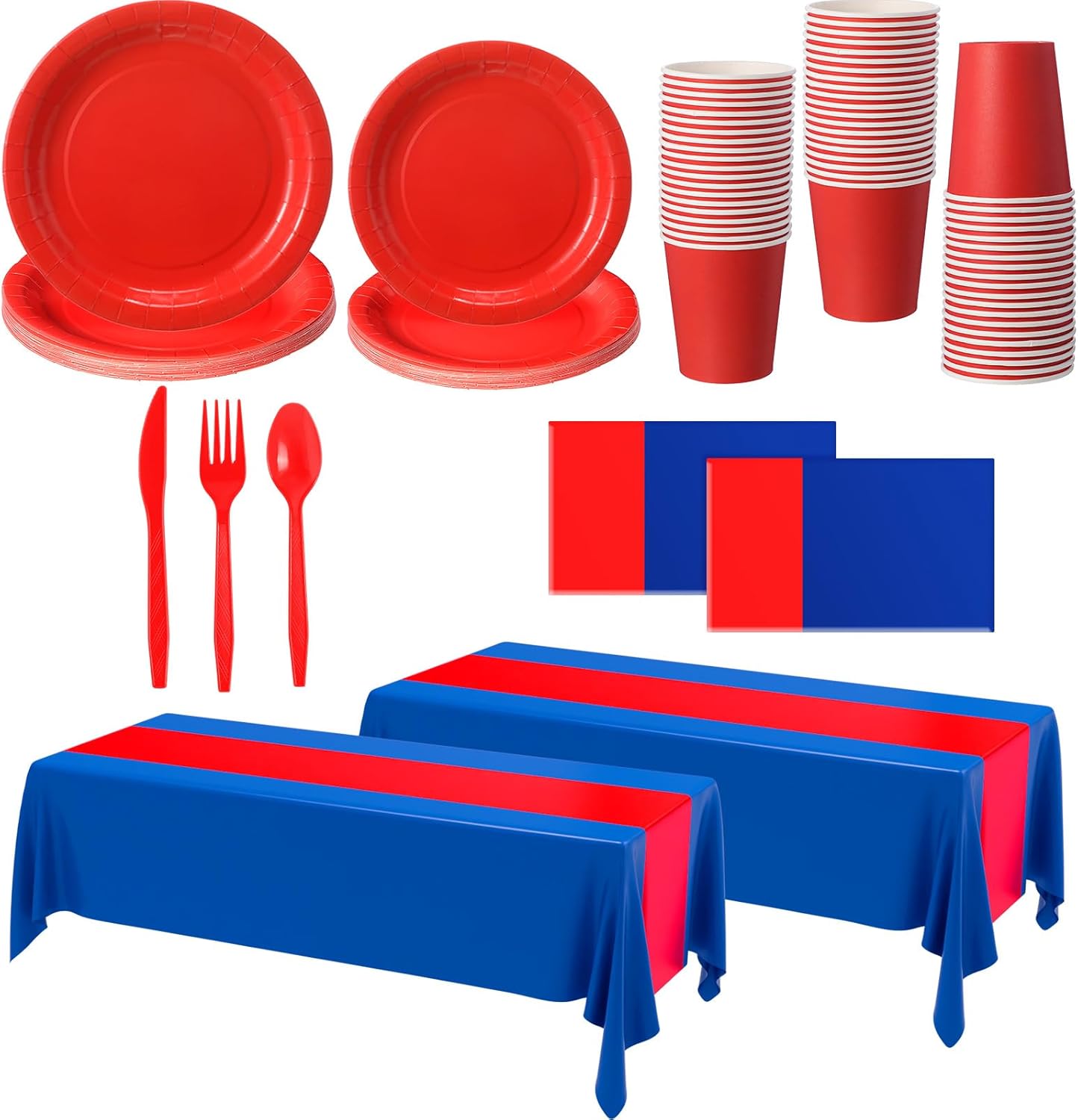 Oudain 162 Pcs Red and Blue Party Supplies Dinnerware Set Disposable Plates Tablecloth Cups Spoons Forks Knives Napkins Serve 20 Guests for Party