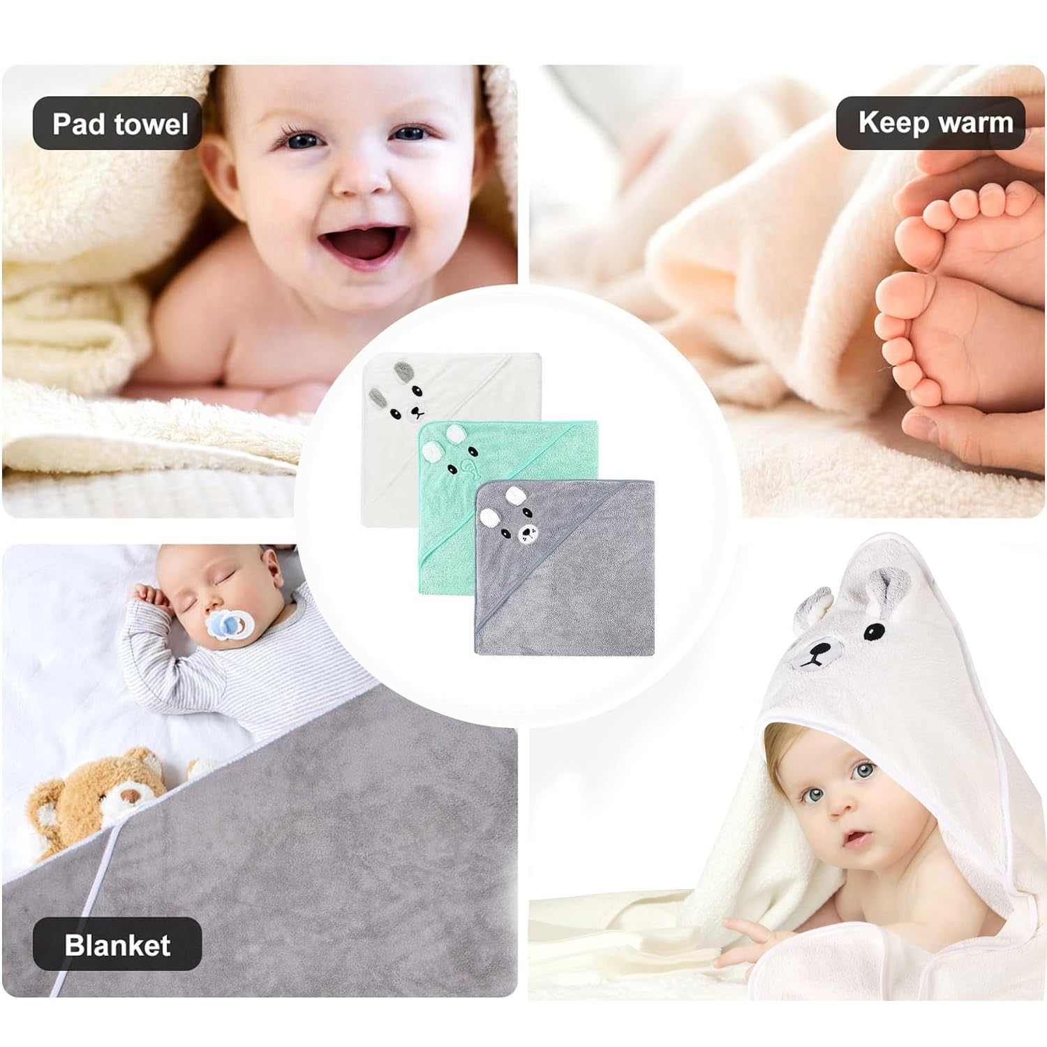Funmo 3Pz Asciugamano con Cappuccio Set Asciugamano Neonato con Cappuccio, Accappatoio Neonato,Asciugamano Morbido e Super Assorbente per Neonati e Bambini 0-3 Anni
