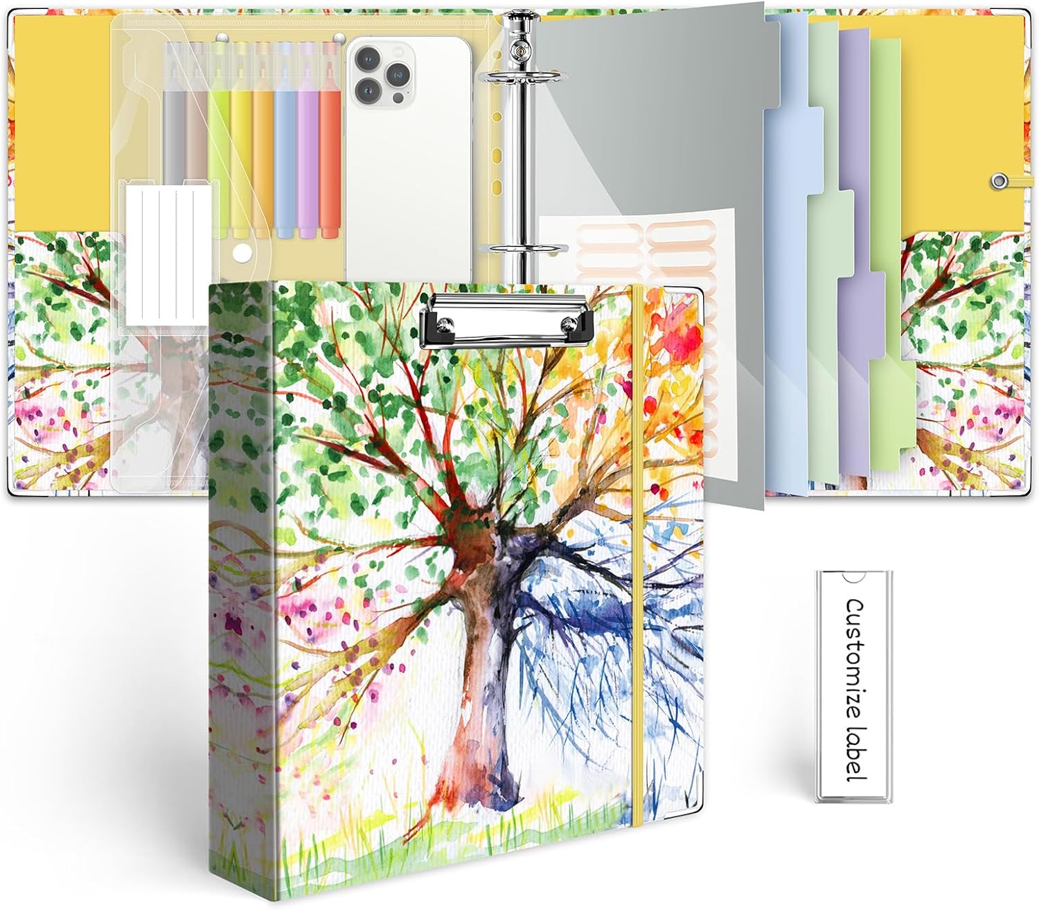2 Inch 3 Ring Binder Organizer with Clipboard, 5-Tabs Pockets Dividers, Plastic Folder, 18 Divider Stikers, KLLVE Three Ring Binder with Pen Loop (Green Tree, Letter Size)