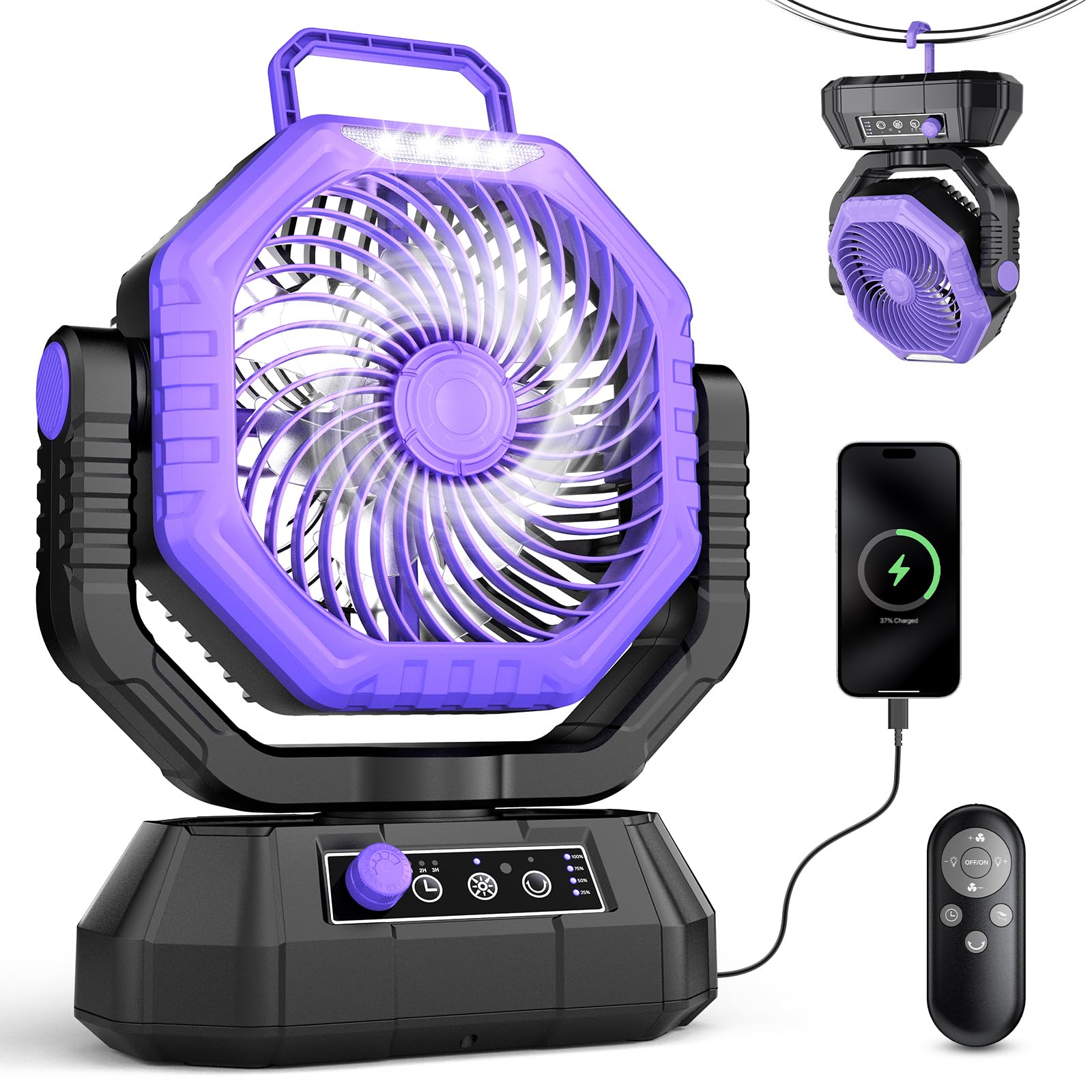 Ventilateur de camping rotation 270° et vitesse réglable en continu