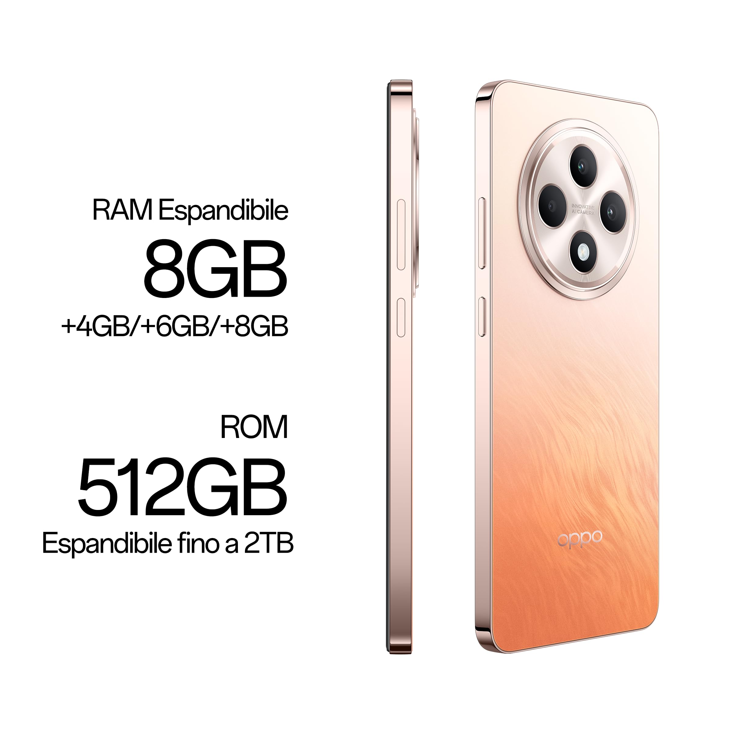 OPPO Reno12 FS 4G AI Smartphone, Tripla fotocamera 50+8+2MP, Selfie 32MP, Display 6.67” 120HZ AMOLED FHD+, 5000mAh, RAM 8GB(Esp4GB/6GB/8GB)+ROM 512GB, Supporto Auto [Versione Italia], Amber Orange