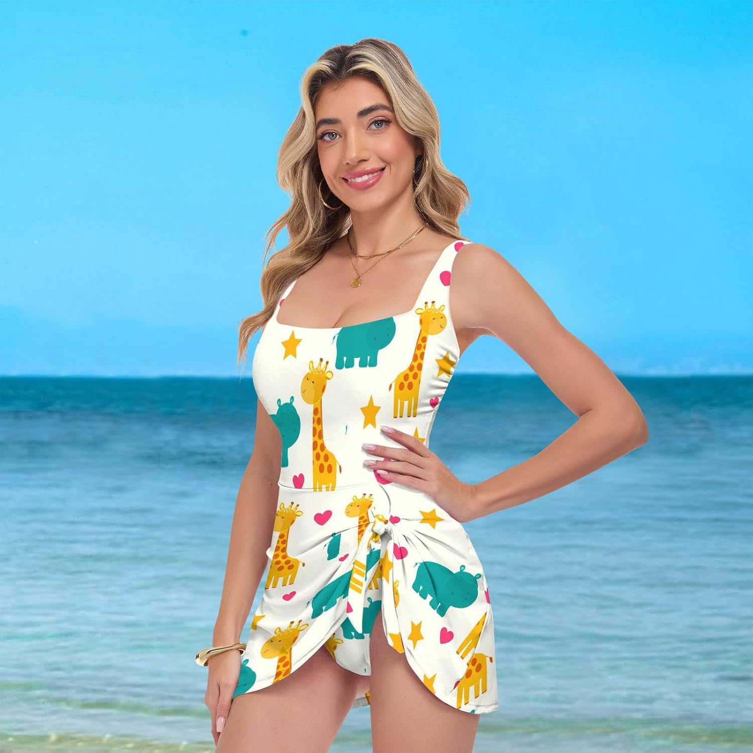 Cute Giraffe Hippo Star Heart Women's One Piece Swimsuits Tummy Control Bathing Suits S A2301884