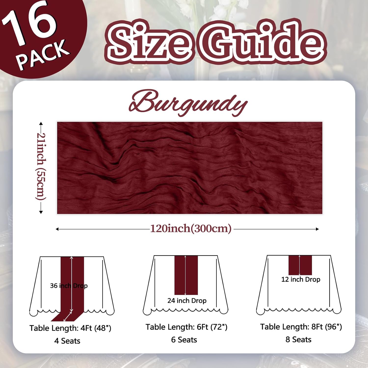 16 Pack Burgundy Cheesecloth Table Runner 10ft Boho Gauze Fabric 120 Inch Cheese Cloth Table Runner Rustic Sheer for Wedding Decor Baby Shower Party Centerpiece Decoration