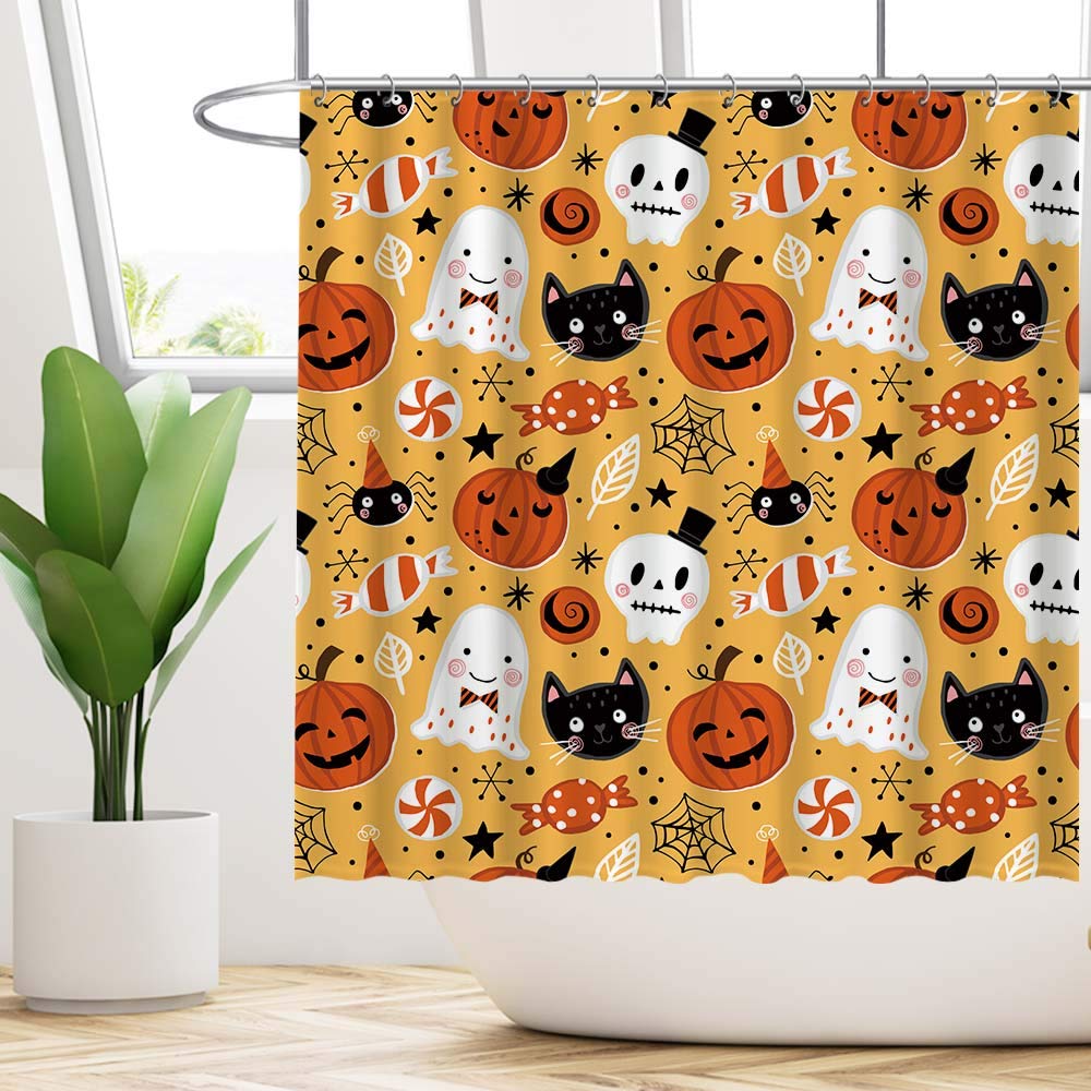 Funnytree Halloween Shower Curtain Set with Hooks Cute Cartoon Pumpkin Spooky Ghost Home Bathroom Bathtubs Decor Easy Care Washable Durable Polyester Fabric 72