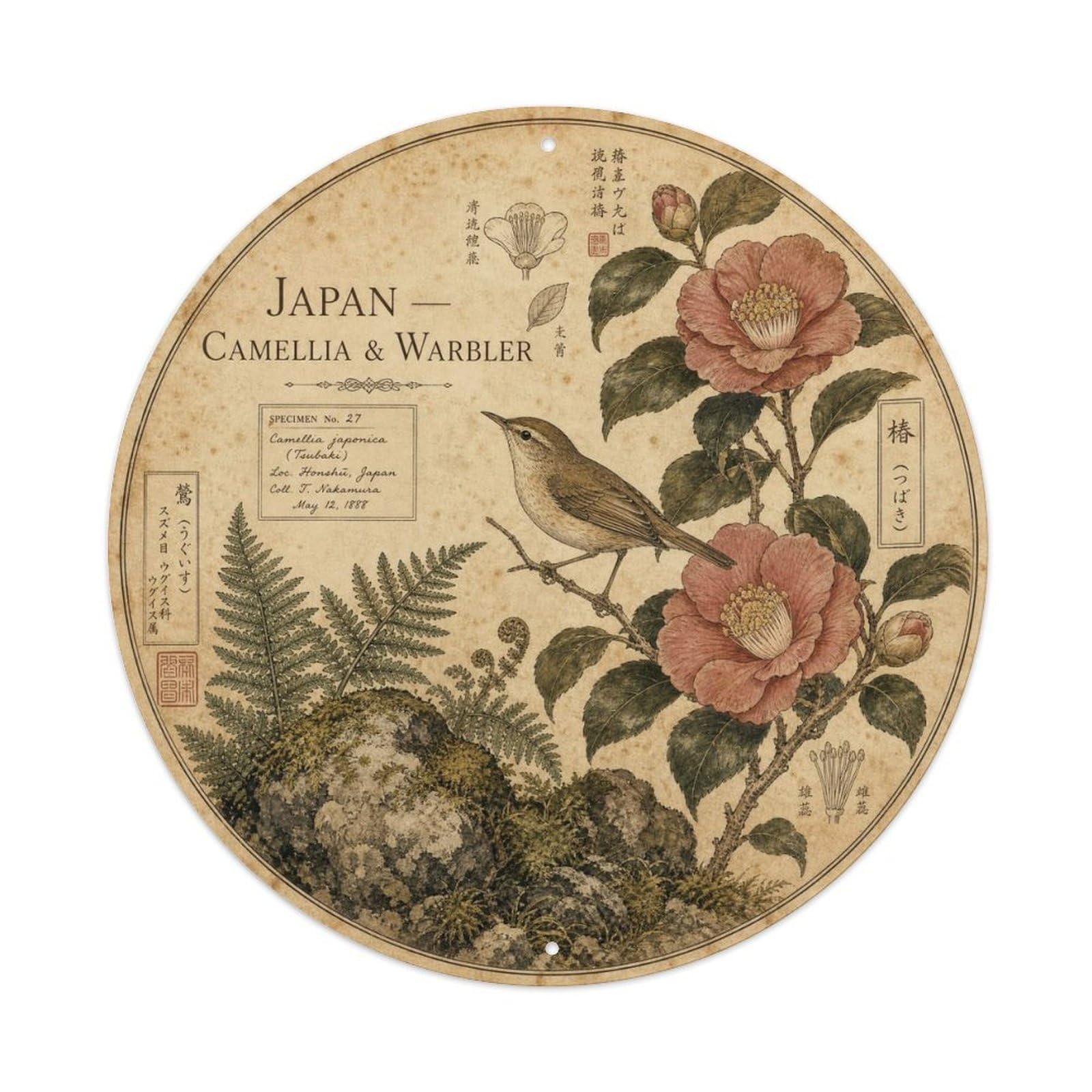 Olyhtr 8X8inch Classic Style Meiji Japan Camellia Warbler Ceramic Folk Pattern Metal Tin Sign