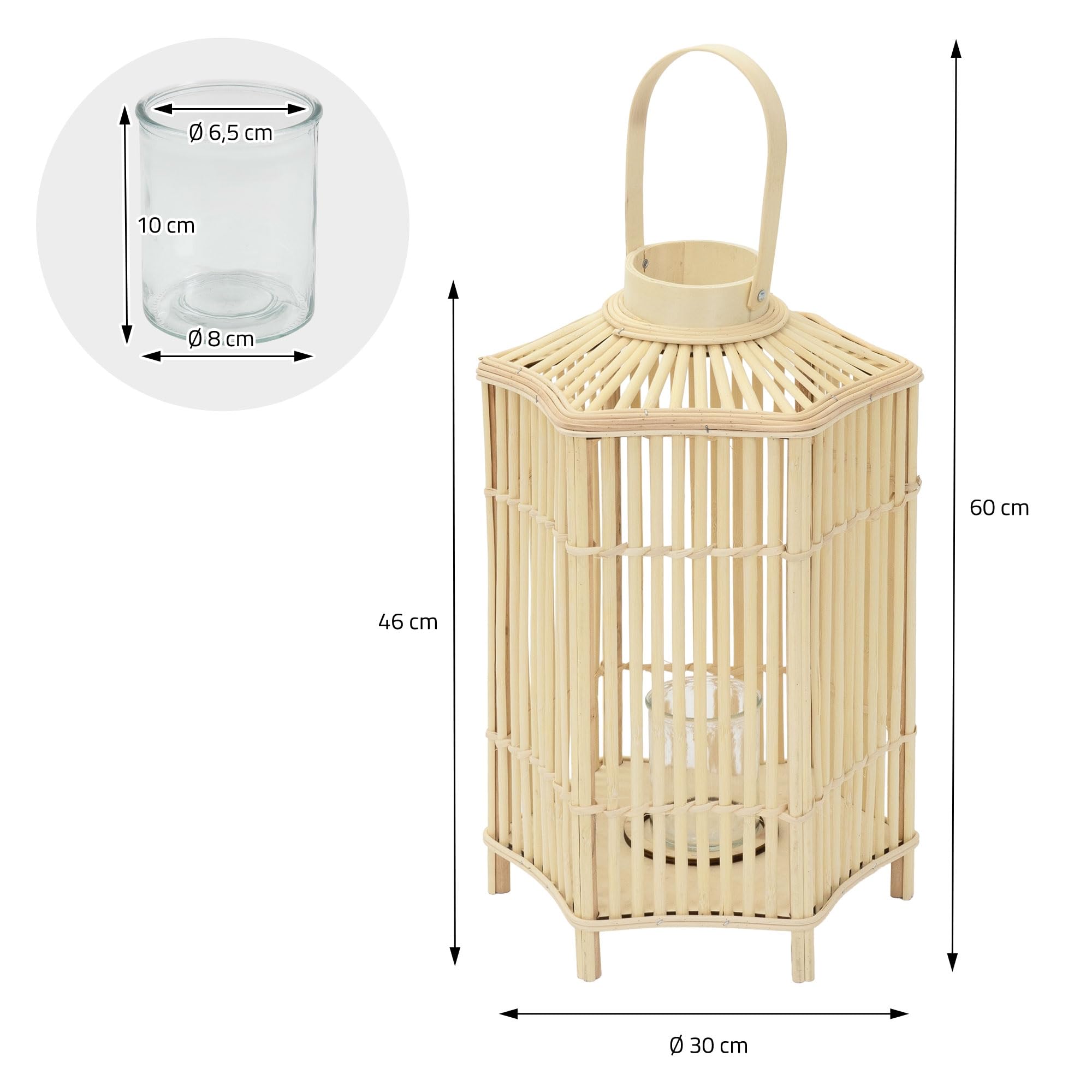 ECD Germany Linterna de Bambú Madera, 60 cm de Altura, Portavelas de Jardín con Asa y Inserto de Cristal, Farol de Estilo Boho, Lámpara Colgante Interior/Exterior Decorativo para Terraza, Balcón