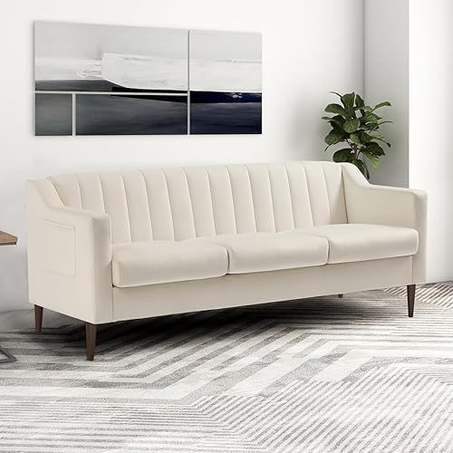 IULULU White Velvet Sofa, 77 Inch 3-Seater Mid Century Modern Accent Couch, Upholstered Futon with Side Pocket, Wood Legs