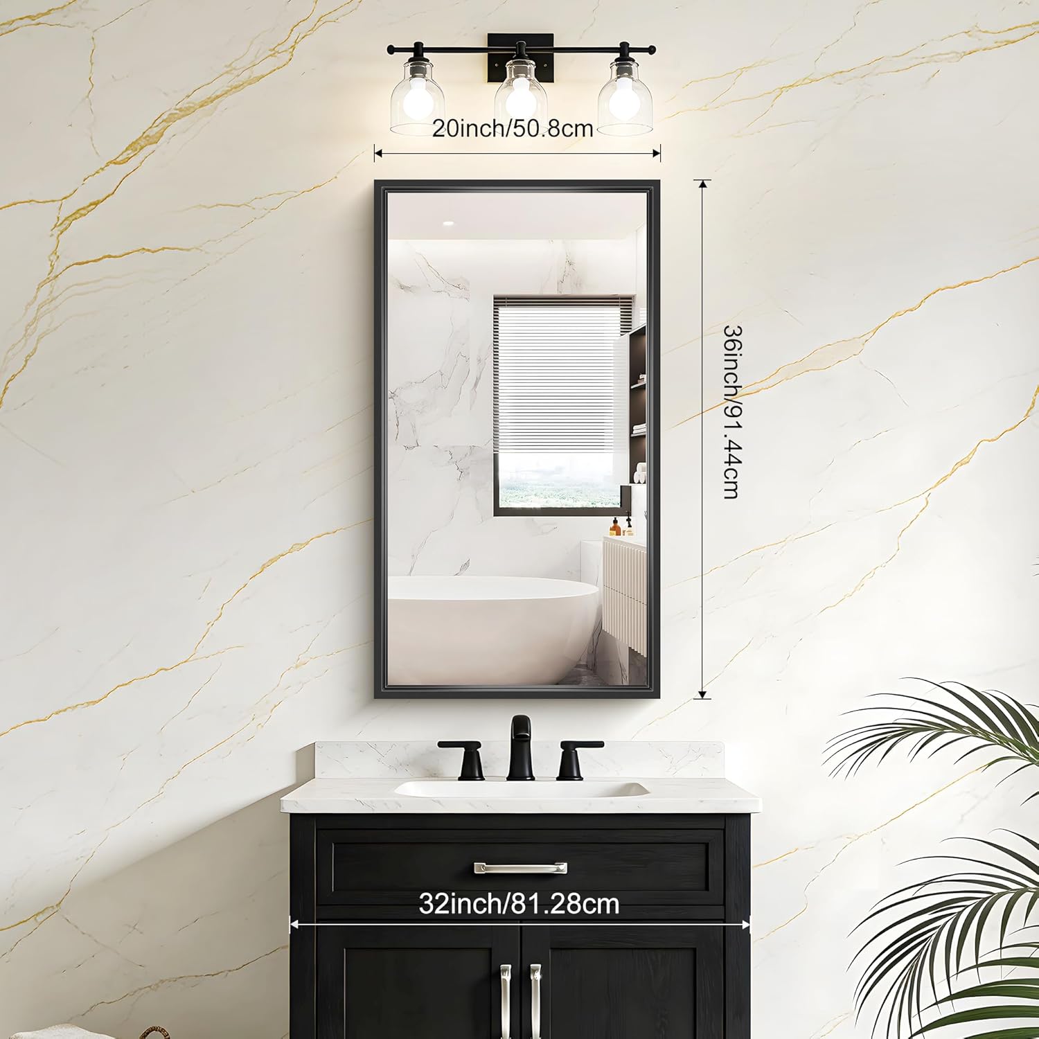 20x36 Inch Black Bathroom Mirror, Brushed Black Rectangle Mirror for Over Sink, 0.6" Thickened Deep Aluminum Frame Rectangular Vanity Mirror, Tempered Glass, Antirust, Horizontally/Vertically