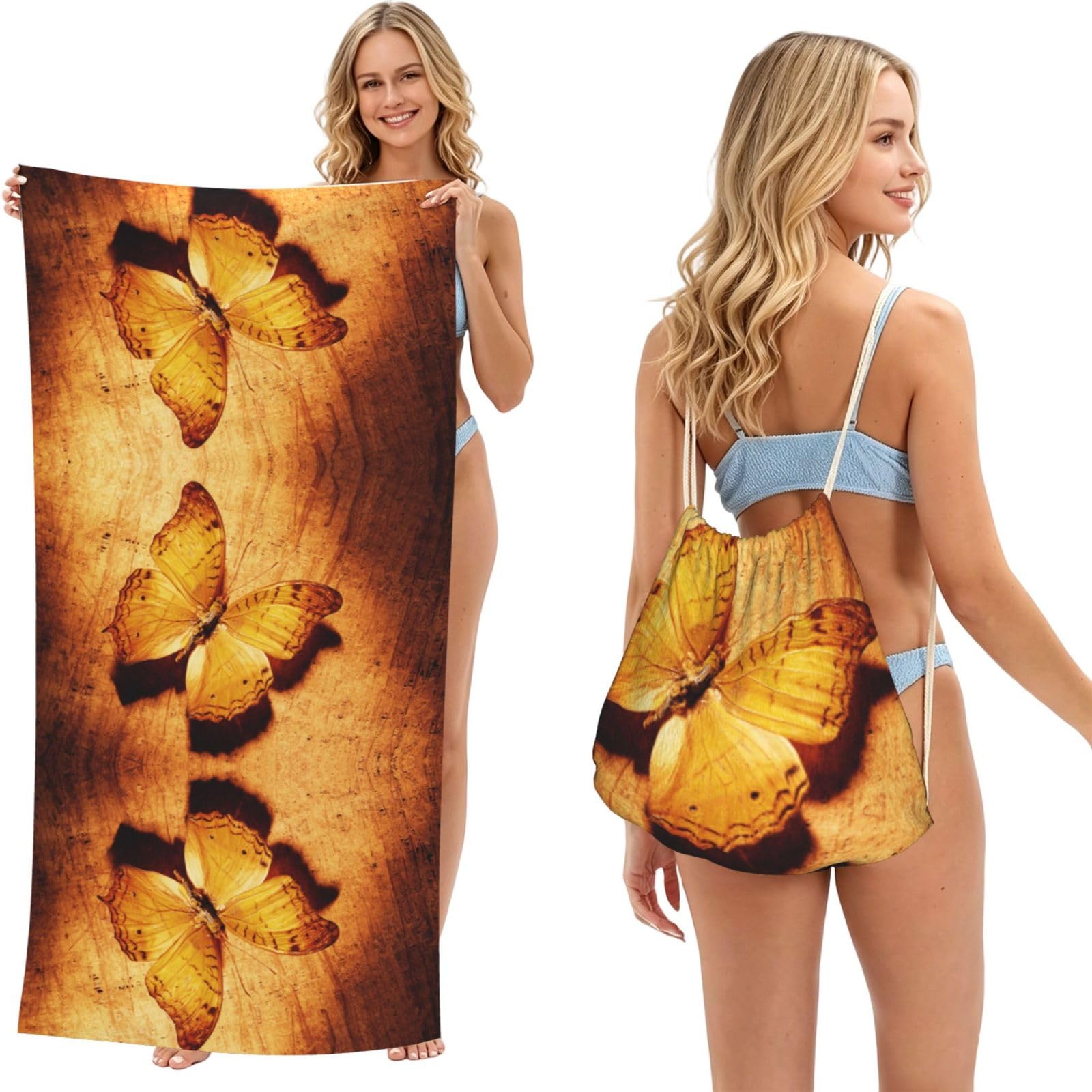 ESNAIUVCD Butterfly Print Beach Towel For Adults,Towel With Drawstring Bag, Travel Pool Swimming Sports Shower Sand Free Quick Dry Bath Towel For Pool, Beach, Yoga- 180x60cm