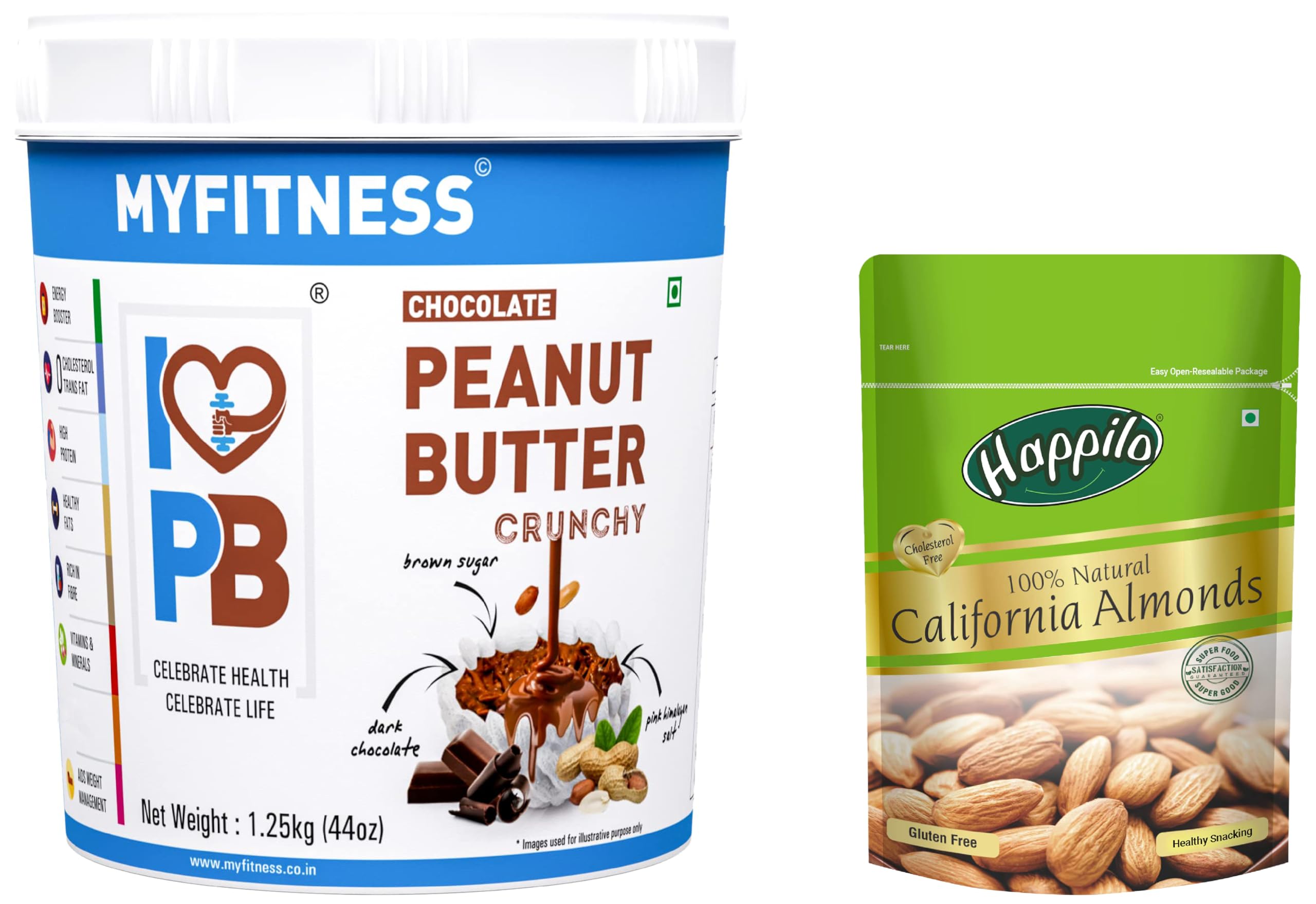 MYFITNESS Chocolate Peanut Butter Crunchy 1250g | 26g Protein & Happilo 100% Natural Premium Californian Almonds, 200g