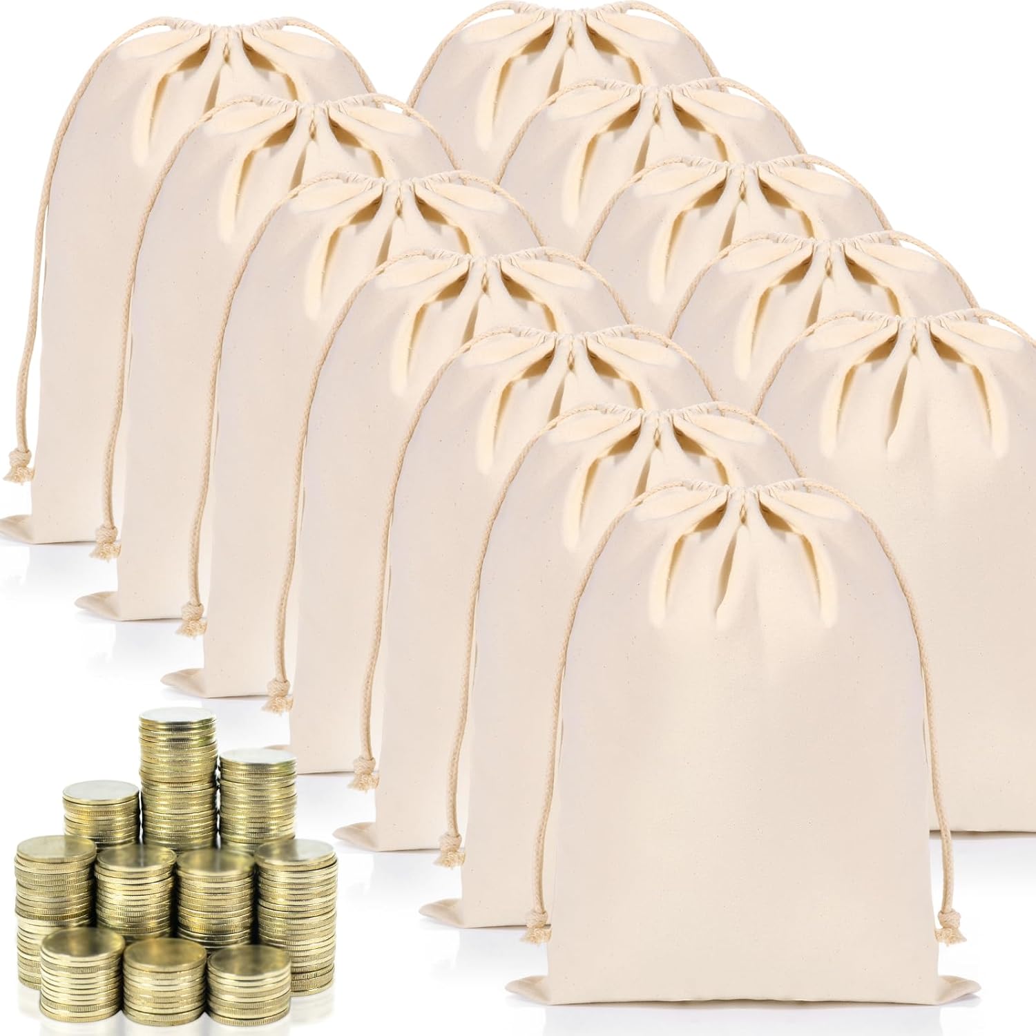 Shinylin 12 Packs Coin Money Sacks Party Gift Bag 12" x 17" Drawstring Bank Deposit Cotton Bags Heavy Duty Canvas Sacks for Transit Coins Currency Cash Travel Organizer Gift