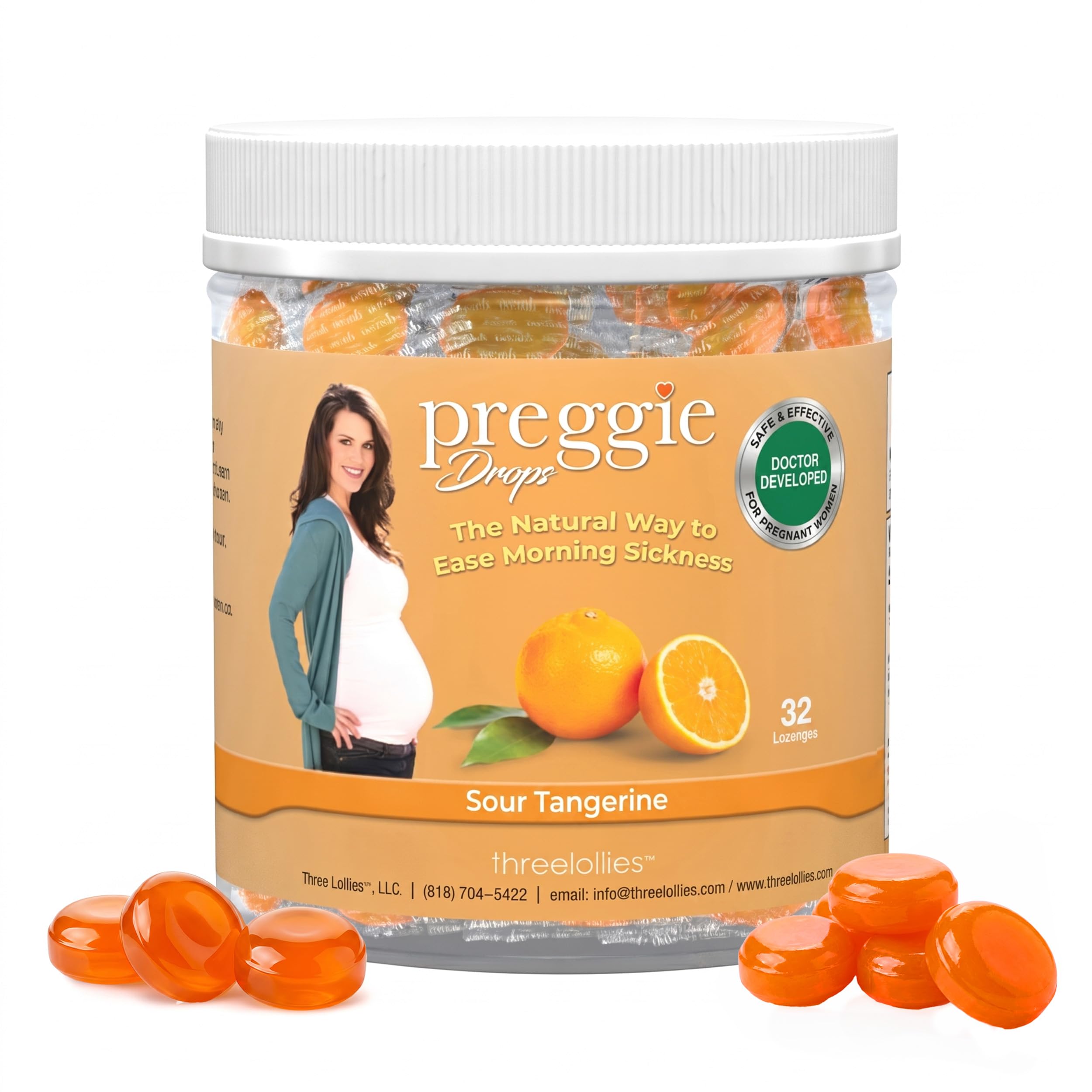 Three Lollies Preggie Pop Drops Pregnancy Candy, Sour Tangerine, 32 Count