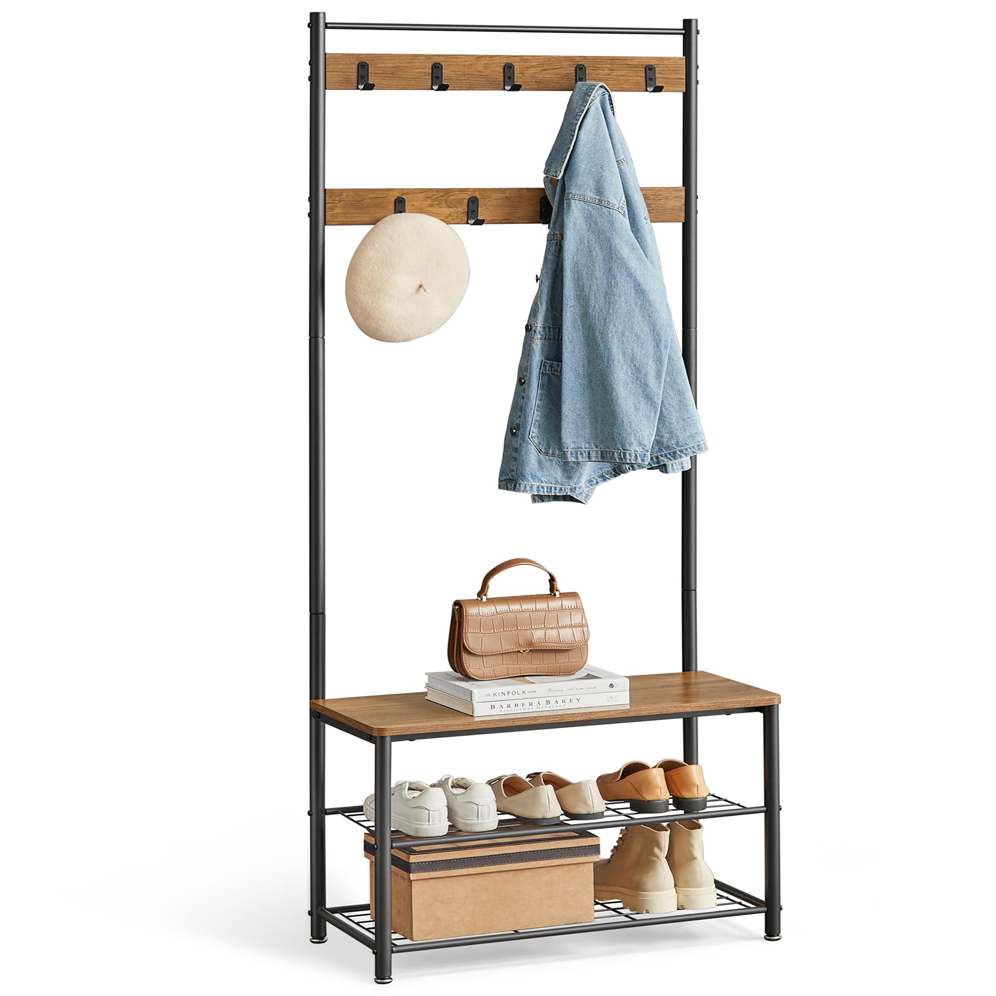 VASAGLE HSR041B41 Coat Rack, Hallway Cabinet, Cloakroom, Clothes Rack with Bench and Shoe Rack, Metal Frame, Height 175 cm, Industrial Style, Walnut Brown and Black