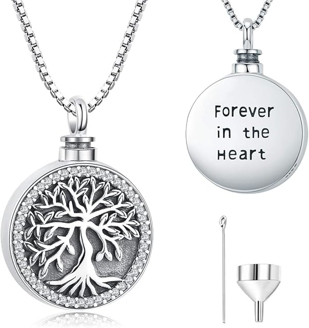 Odinstone Tree of Life Urn Necklace for Ashes, 925 Sterling Silver Ashes Jewellery with Abalone Shell Keepsake Ashes Memorial Locket Cremation Jewellery with Funnel Filler