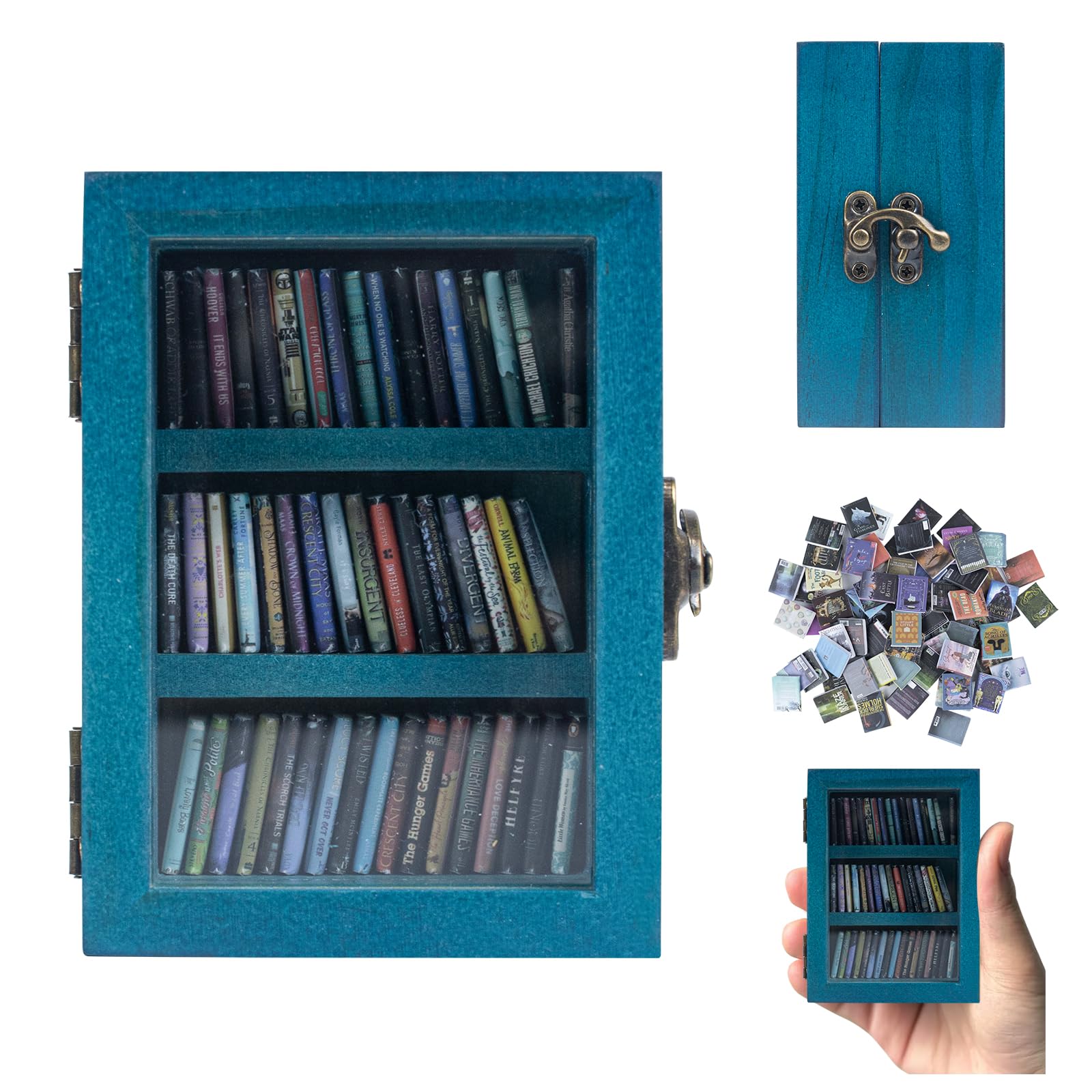 WodGod Green Anxiety Bookshelf,Super Mini Bookshelf,Set:1 Wooden Book Display Case + 60 PCS Mini Books,Shake Away Your Anxiety,Home Study Room Office