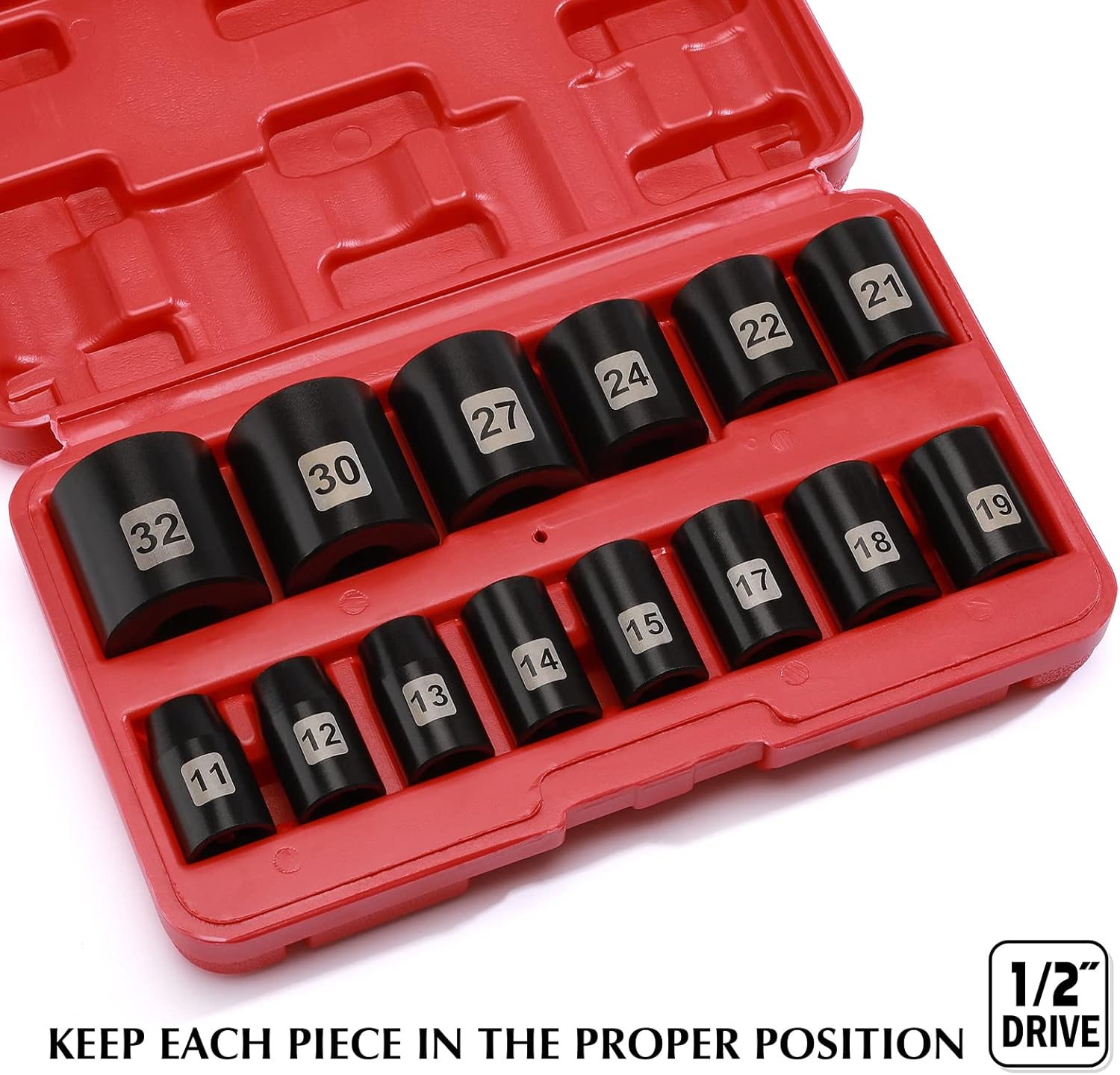 EMENTOL 14 PCS 1/2" Drive Standard Impact Socket Set, Metric, CR-V, 1/2-Inch Drive Shallow Impact Socket Set, 11mm - 32mm