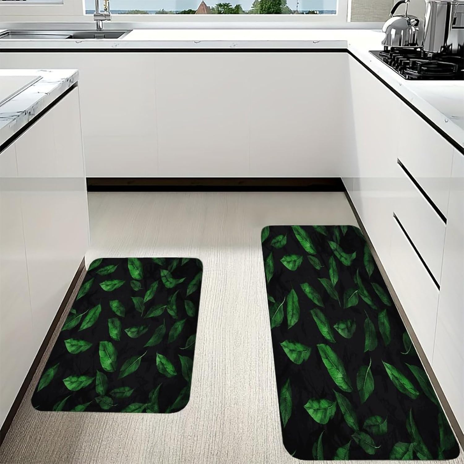Green Leaves on Black Wall Kitchen Mats with 2PCS Non-Slip Washable,Kitchen Rug Heavy Duty Durable, Floor Mats for Kitchen,Office,Sink,Laundry